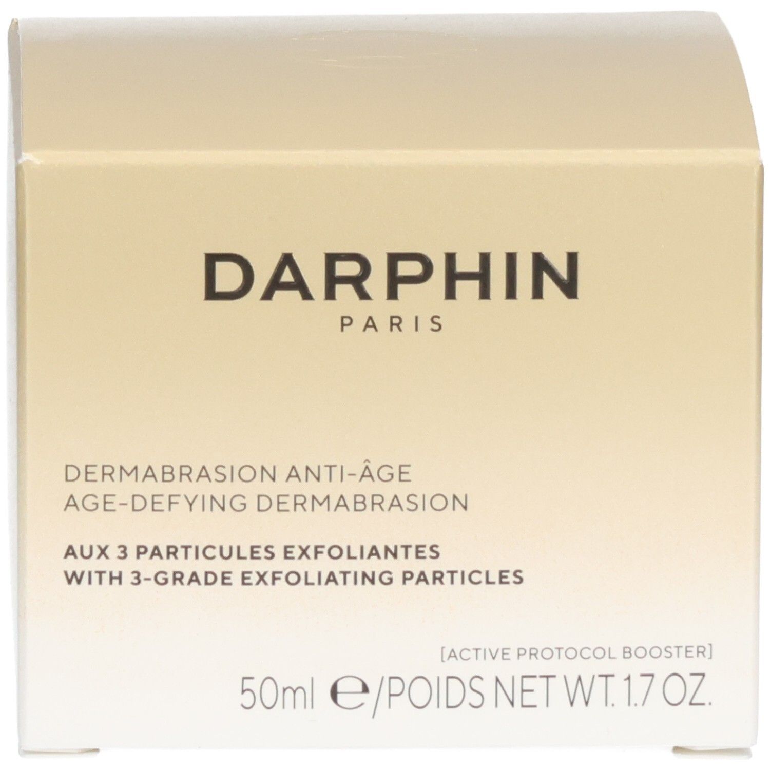 Boîte. Inscription: Darphin, Dermabrasion Anti-Âge. Texte: 50ml, 1.7oz, 3 particules.