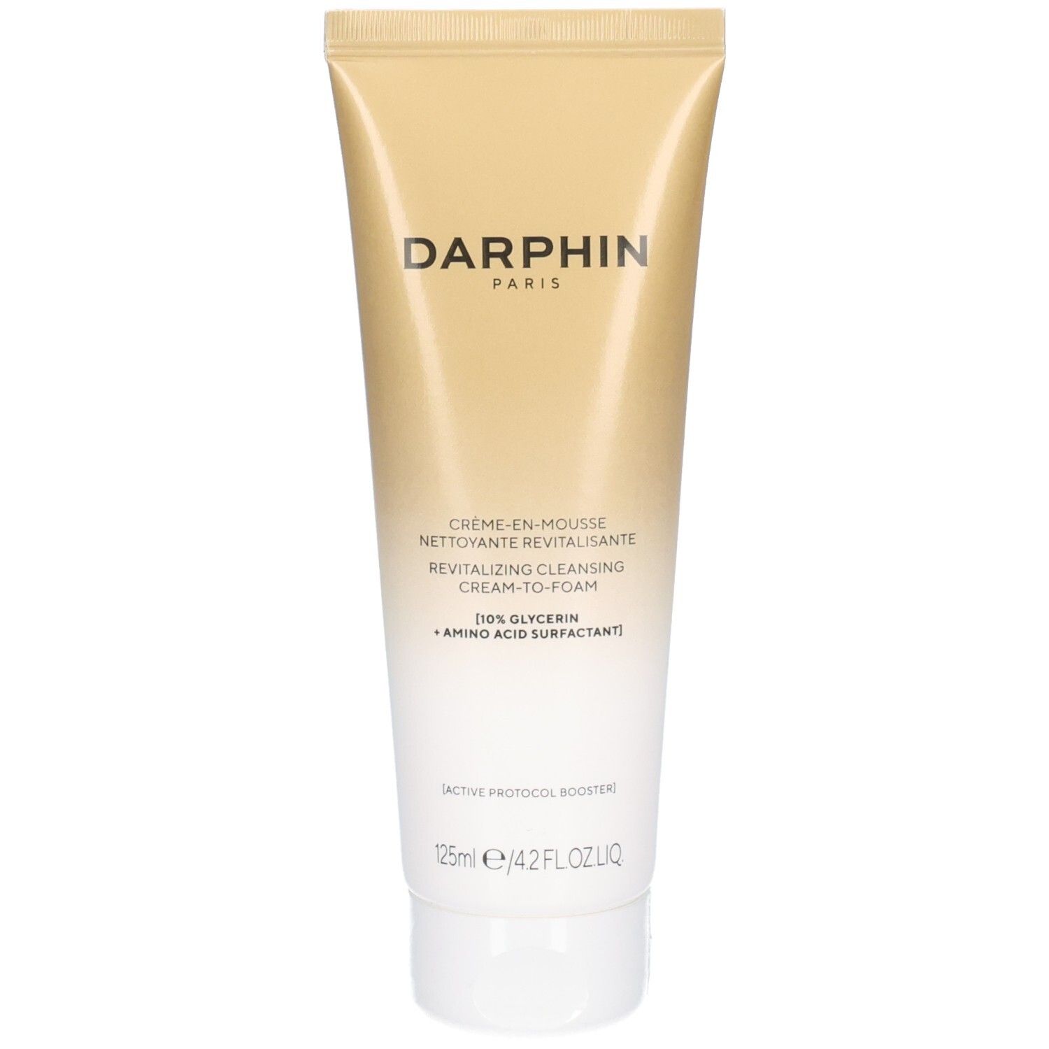 Tube de crème-mousse. Tube beige doré avec bouchon blanc. Inscription: Darphin Paris, Crème-en-Mousse, 125ml.