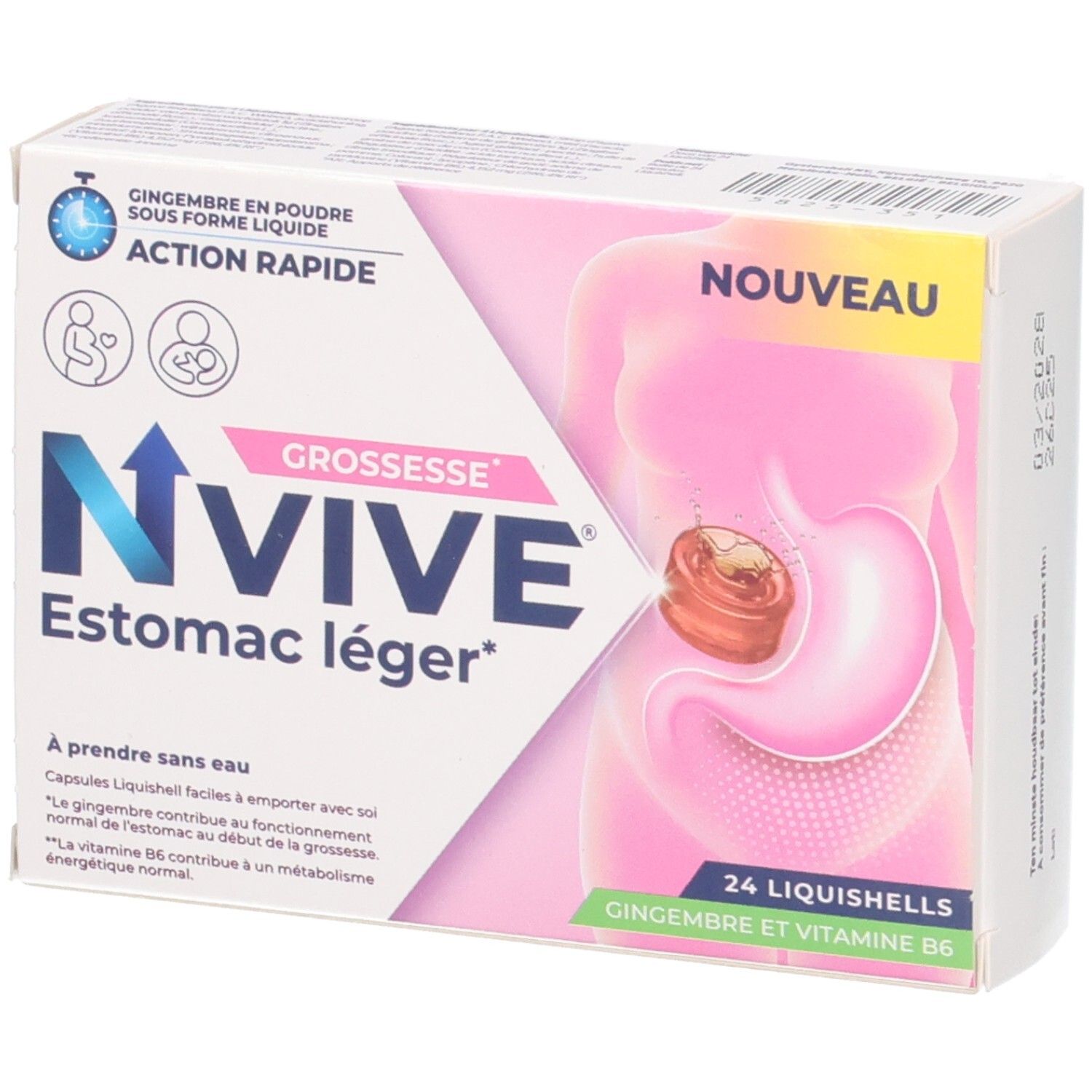 NVIVE Estomac léger: Boîte de 24 Liquishells pour femmes enceintes. Au gingembre et vitamine B6.