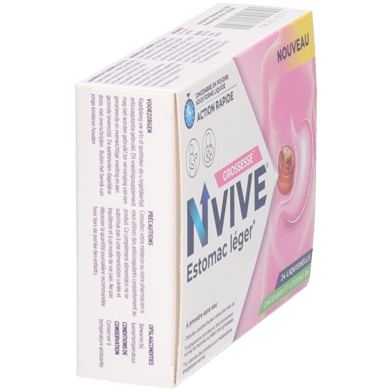 NVIVE Estomac léger: Vue latérale de la boîte de 24 Liquishells pour femmes enceintes. Au gingembre et vitamine B6.