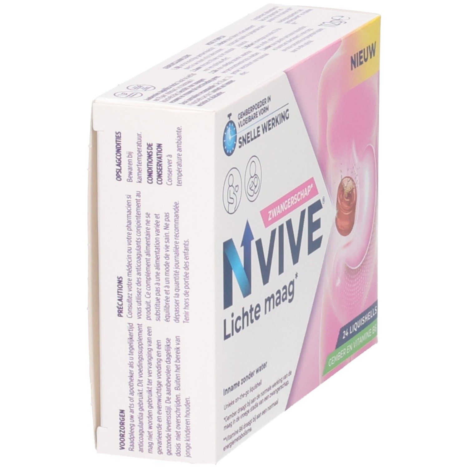 NVIVE Leichte Mag: Vue latérale de la boîte de 24 Liquishells pour femmes enceintes. Au gingembre et vitamine B6.