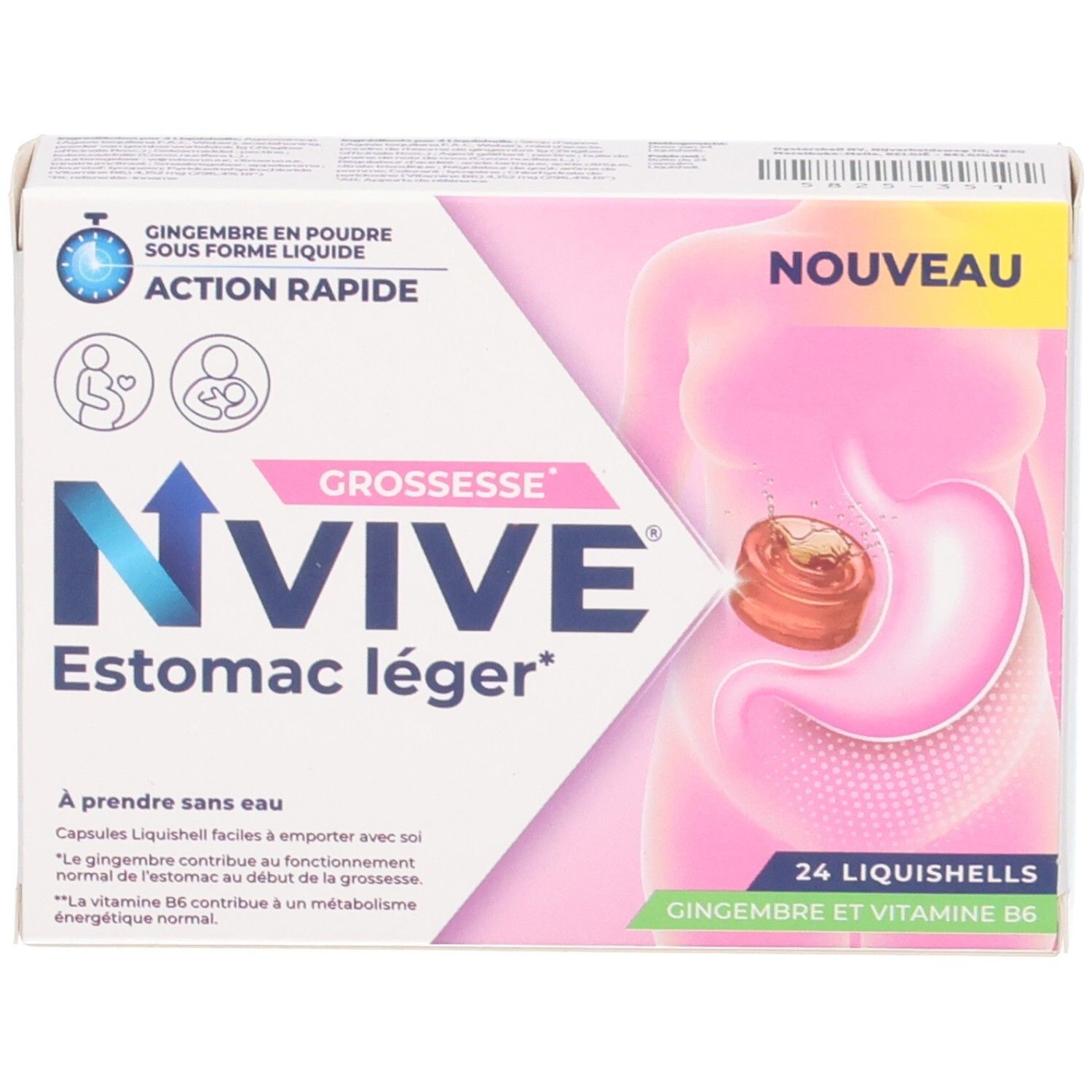 NVIVE Estomac léger: Boîte de 24 Liquishells pour femmes enceintes. Au gingembre et vitamine B6.