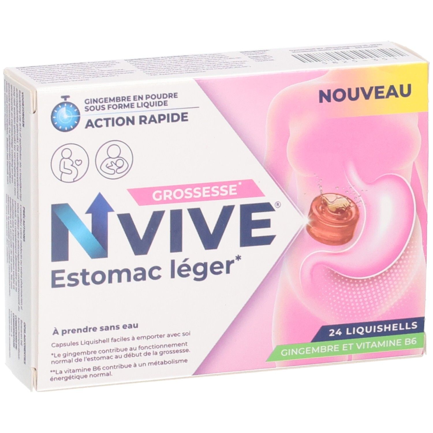 NVIVE Estomac léger: Boîte de 24 Liquishells pour femmes enceintes. Au gingembre et vitamine B6.