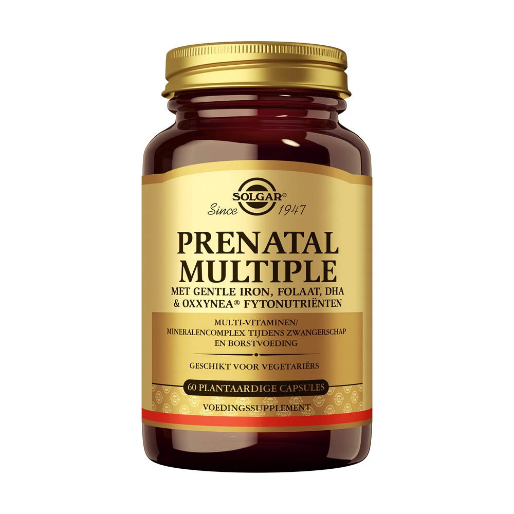 Flacon brun Solgar Prenatal Multiple. Inscription: Prenatal Multiple, 60 gélules végétales. Couvercle doré.