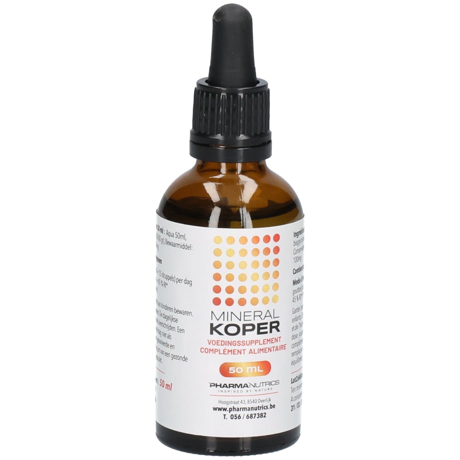 Flacon en verre brun avec compte-gouttes noir. Inscription: MINERAL KOPER, 50 ml. Logo PharmaNutrics.