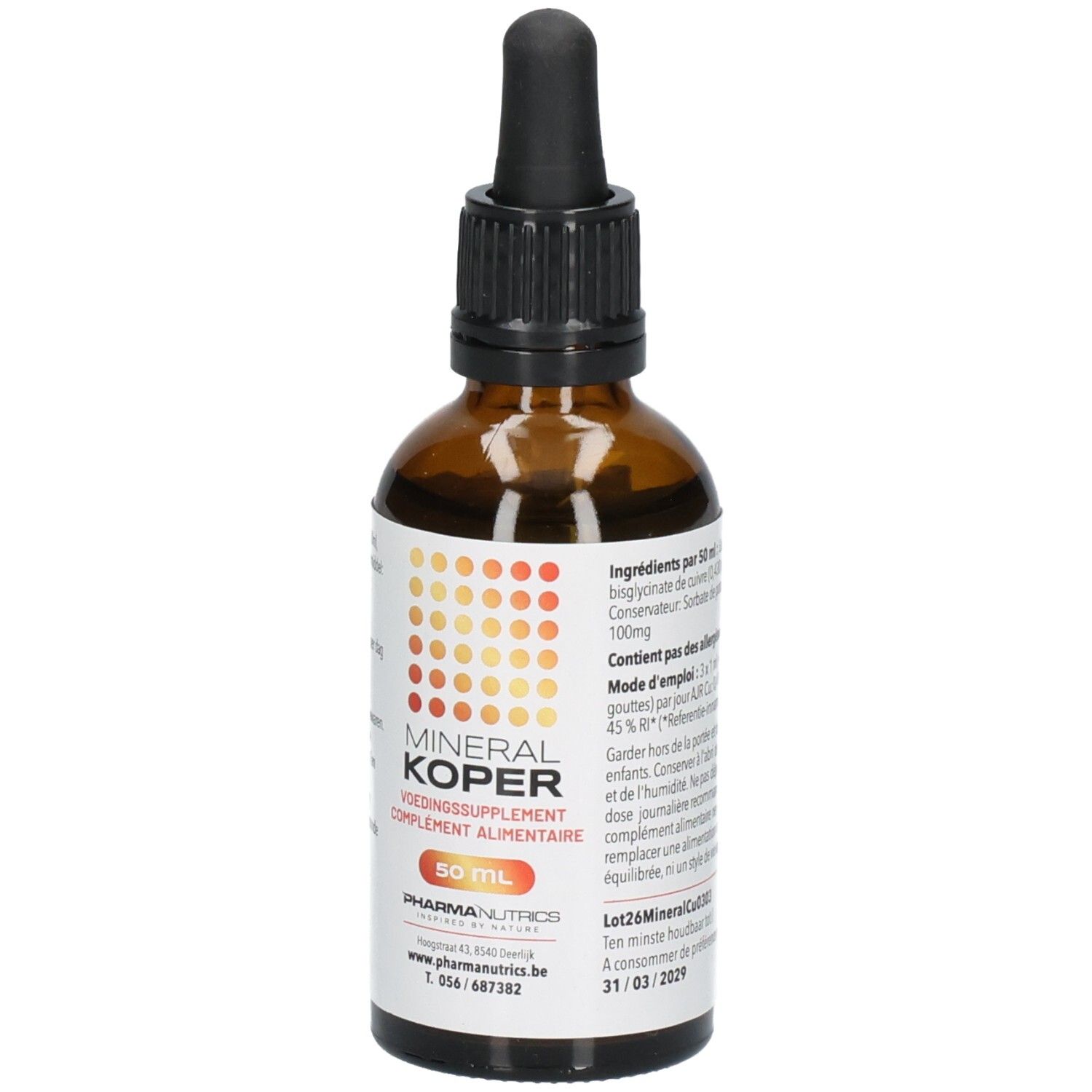 Flacon en verre brun avec compte-gouttes noir. Inscription: MINERAL KOPER, 50 ml. Logo PharmaNutrics.