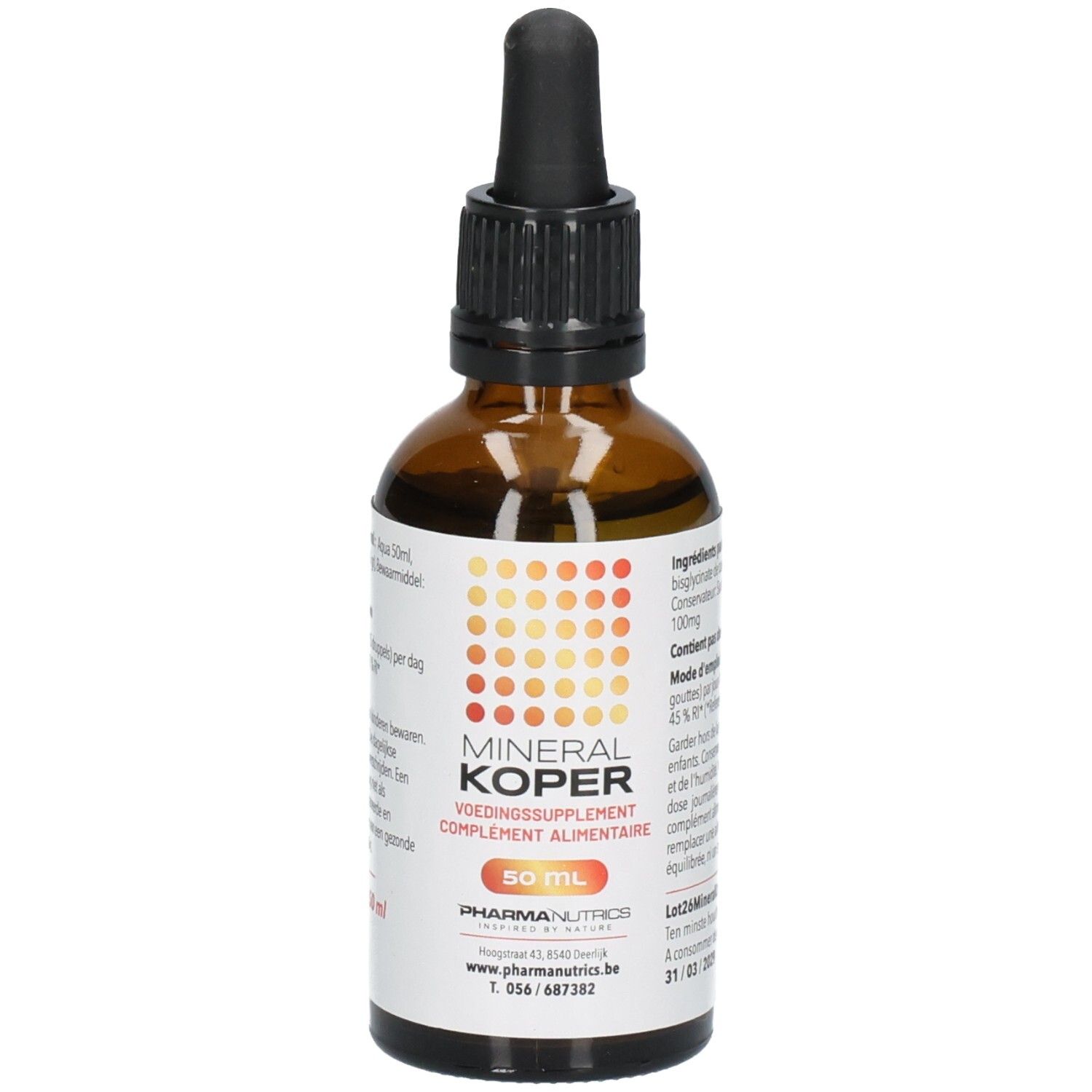 Flacon en verre brun avec compte-gouttes noir. Inscription: MINERAL KOPER, 50 ml. Logo PharmaNutrics.