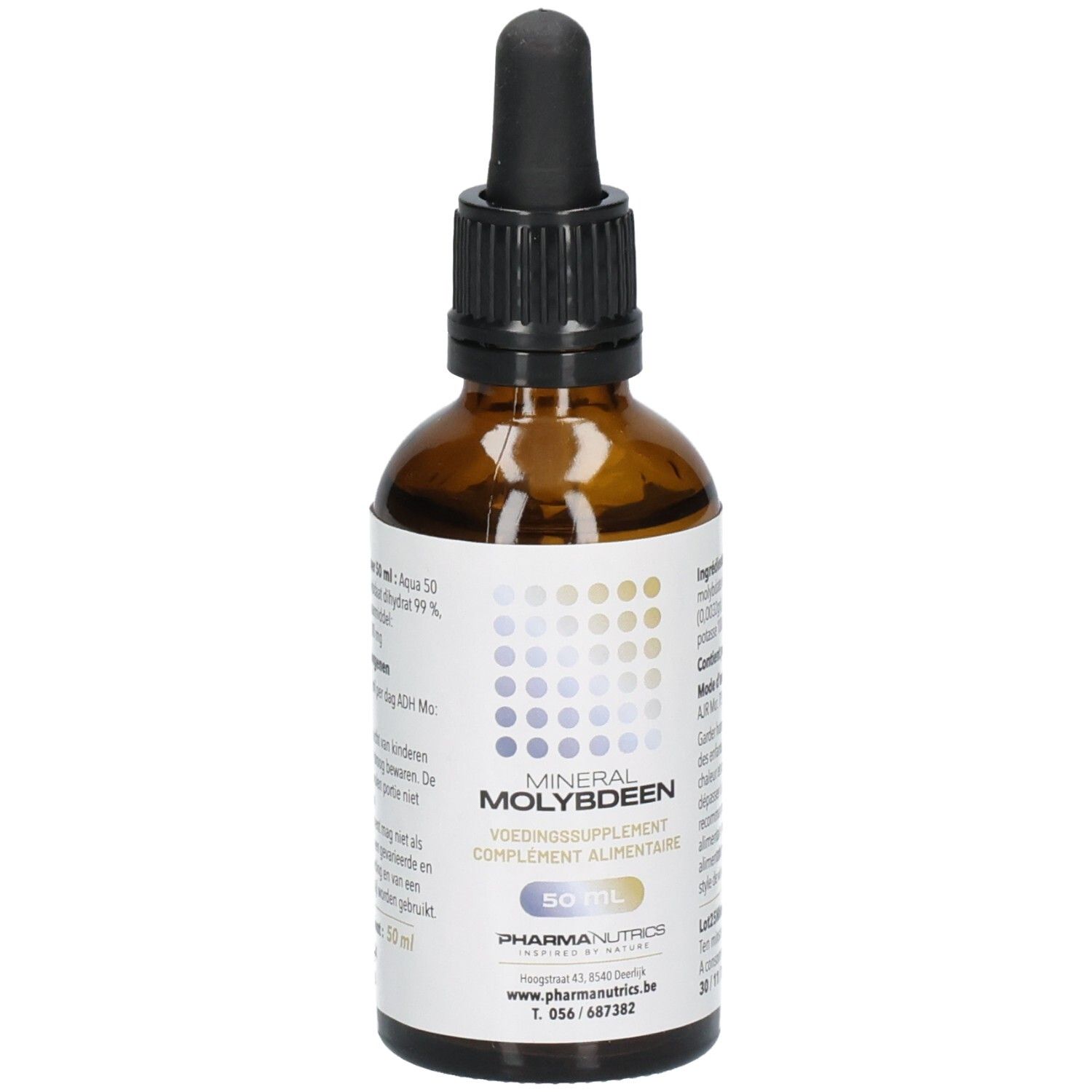 Flacon en verre brun avec compte-gouttes noir. Inscription : MINERAL MOLYBDEEN, 50 ml. Logo PharmaNutrics.
