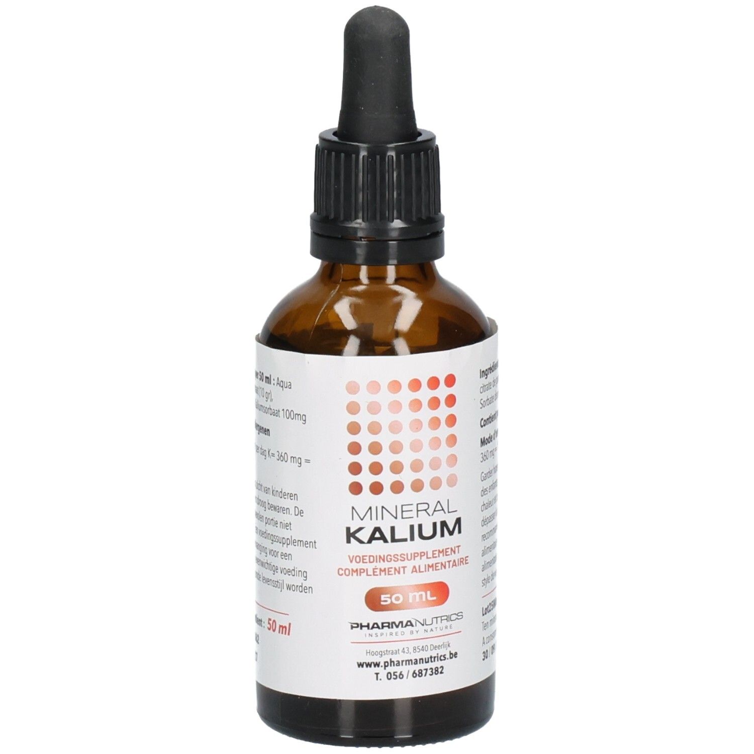 Flacon en verre brun avec bouchon noir et pipette. Étiquette avec nom du produit MINERAL KALIUM et logo. 50 ml.