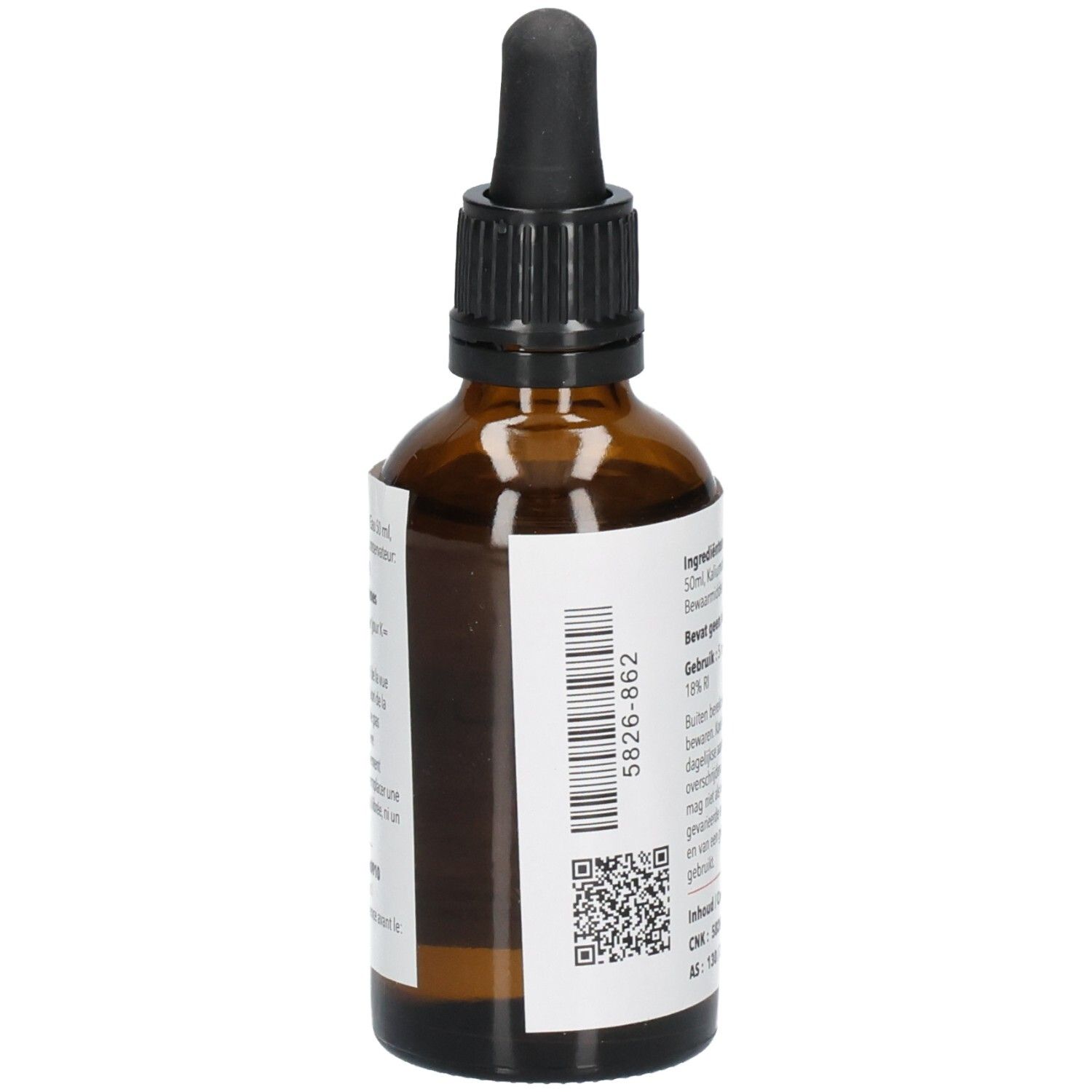 Flacon en verre brun, vue latérale. Étiquette avec code-barres et autres informations. 50 ml.