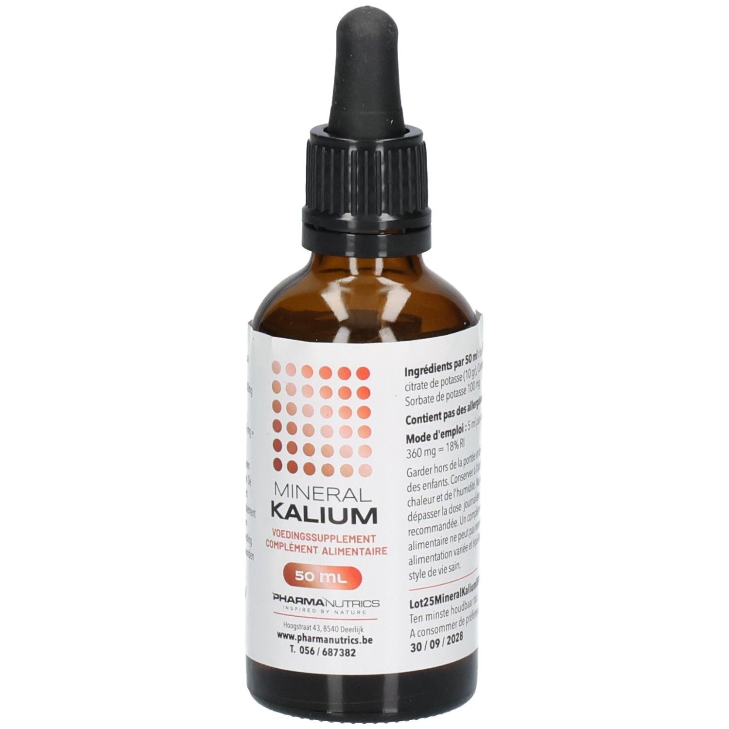 Flacon en verre brun avec bouchon noir et pipette. Étiquette avec nom du produit MINERAL KALIUM et logo. 50 ml.