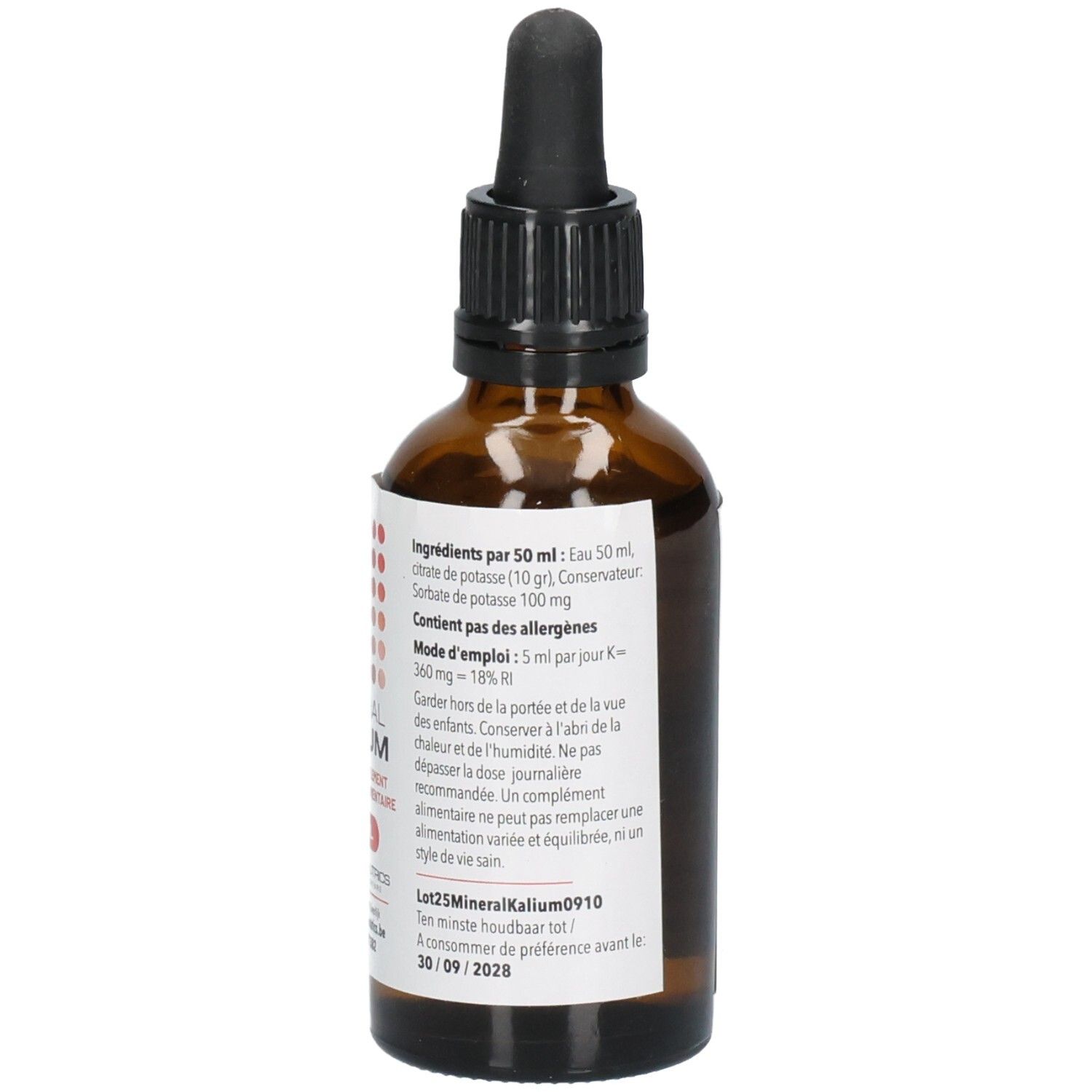 Flacon en verre brun avec bouchon noir et pipette. Étiquette avec nom du produit MINERAL KALIUM et logo. 50 ml.