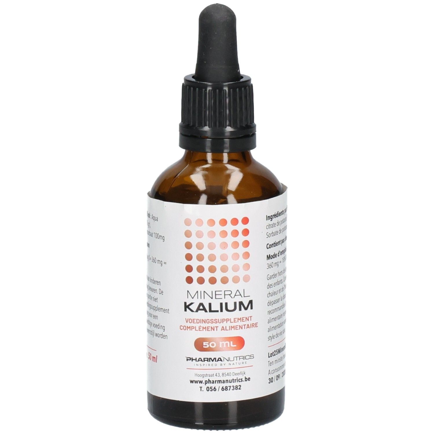 Flacon en verre brun avec bouchon noir et pipette. Étiquette avec nom du produit MINERAL KALIUM et logo. 50 ml.