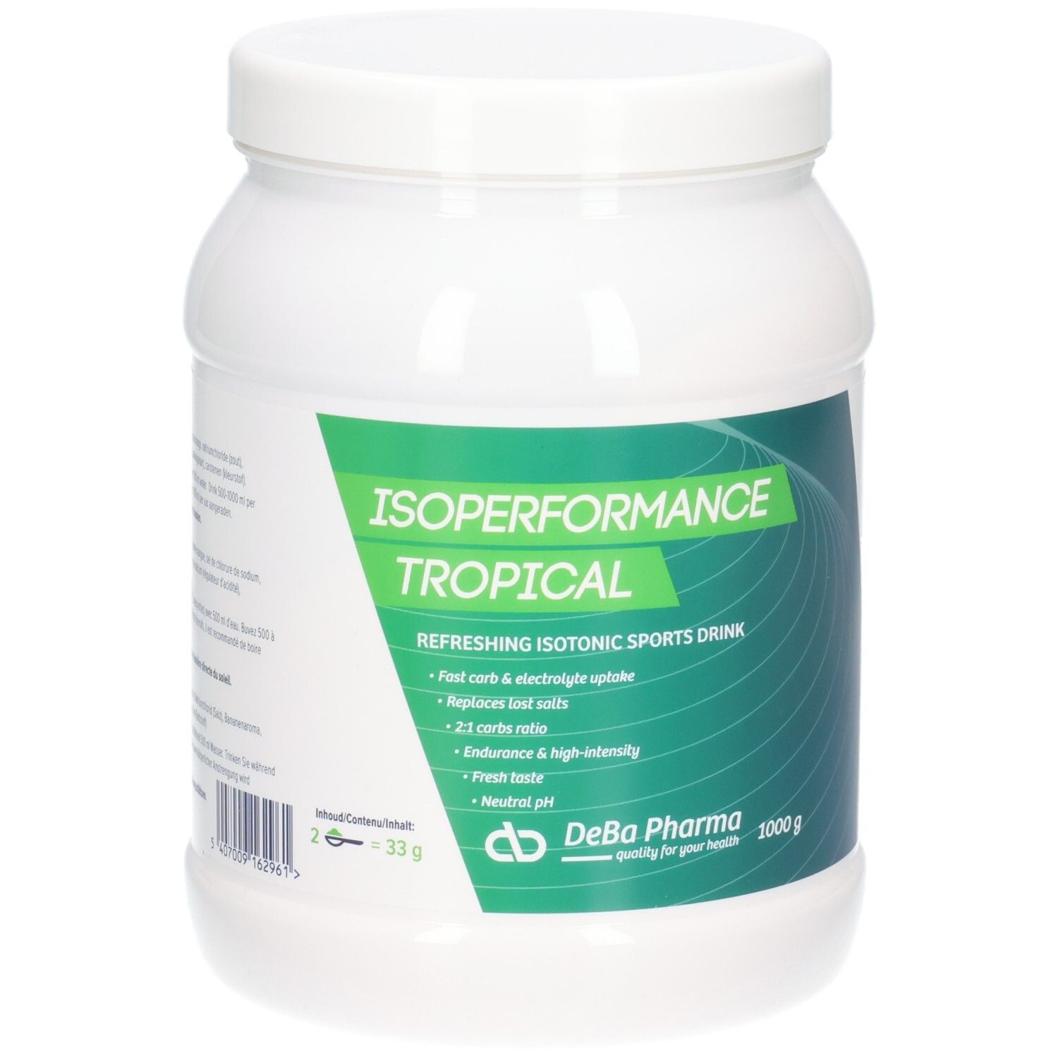 Pot blanc avec étiquette verte. Inscription: Isoperformance Tropical, 1000g. Logo DeBa Pharma.