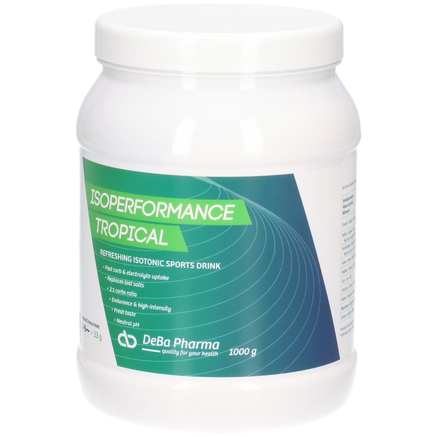 Pot blanc avec étiquette verte. Inscription: Isoperformance Tropical, 1000g. Logo DeBa Pharma.