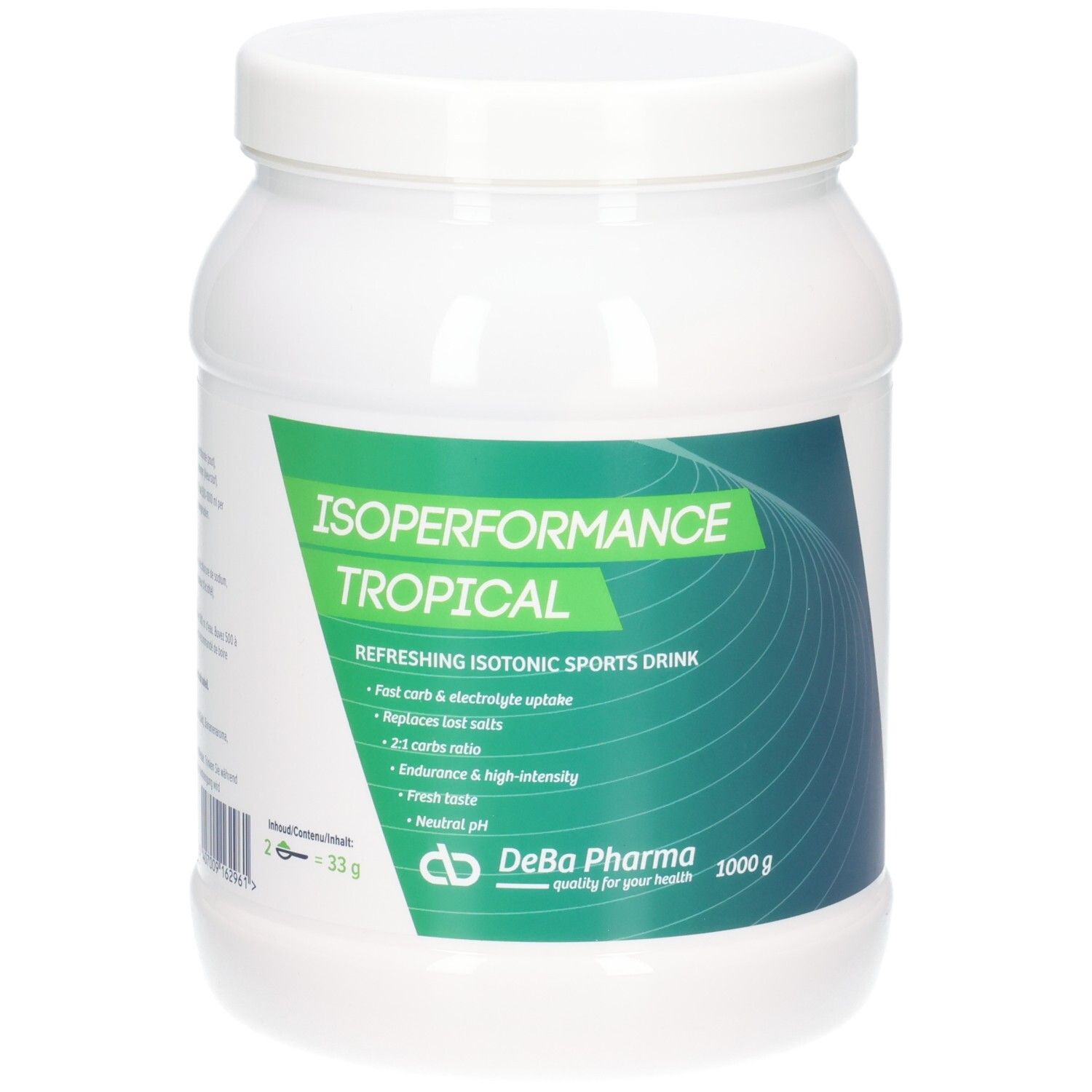 Pot blanc avec étiquette verte. Inscription: Isoperformance Tropical, 1000g. Logo DeBa Pharma.