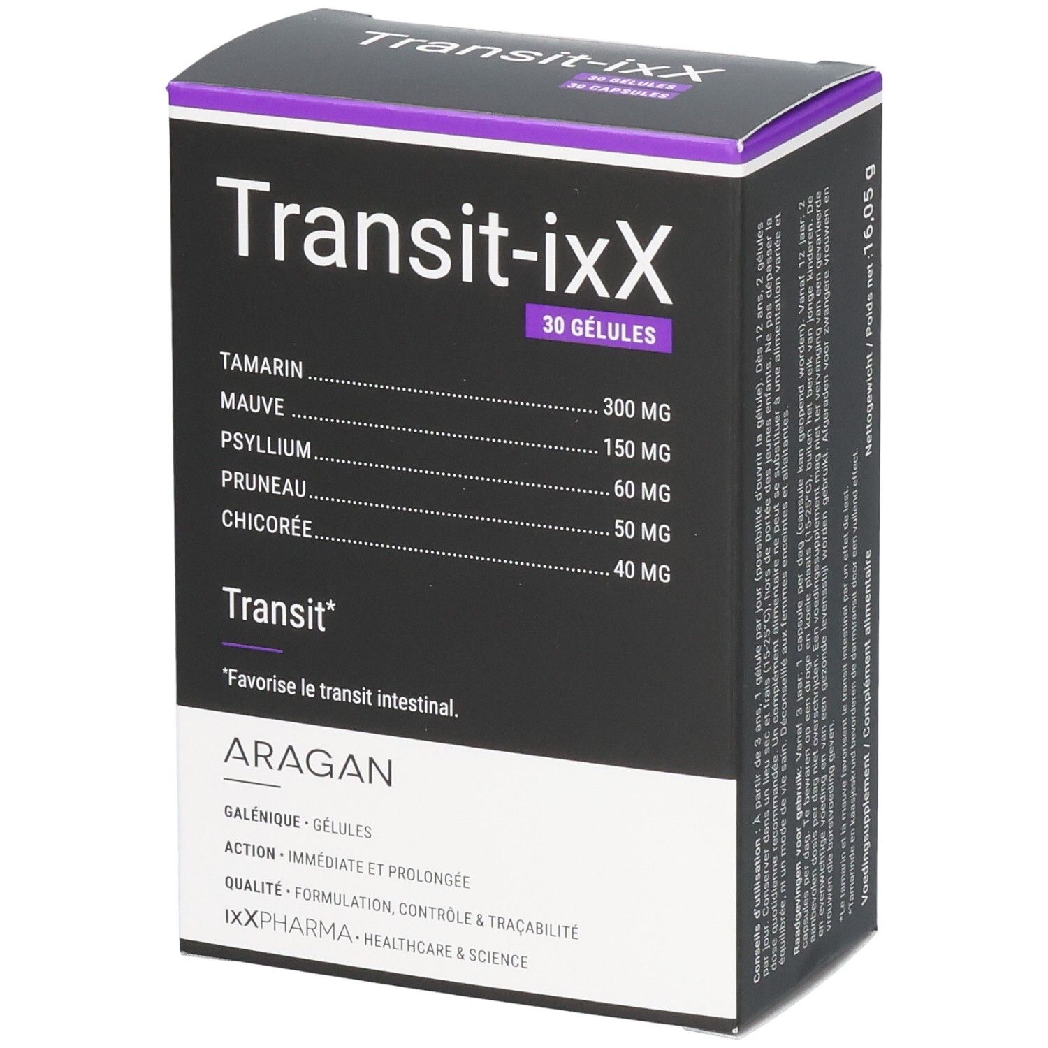 Boîte de Transit-iXX 30 gélules. Contient tamarin, mauve, psyllium, pruneau et chicorée.
