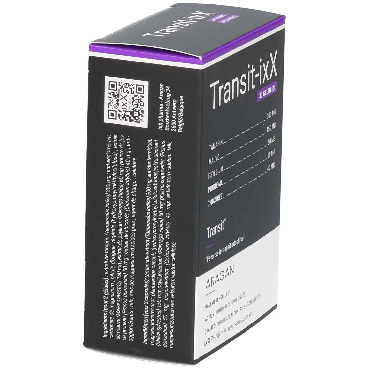 Arrière de la boîte Transit-iXX avec QR code et ingrédients. 30 gélules.