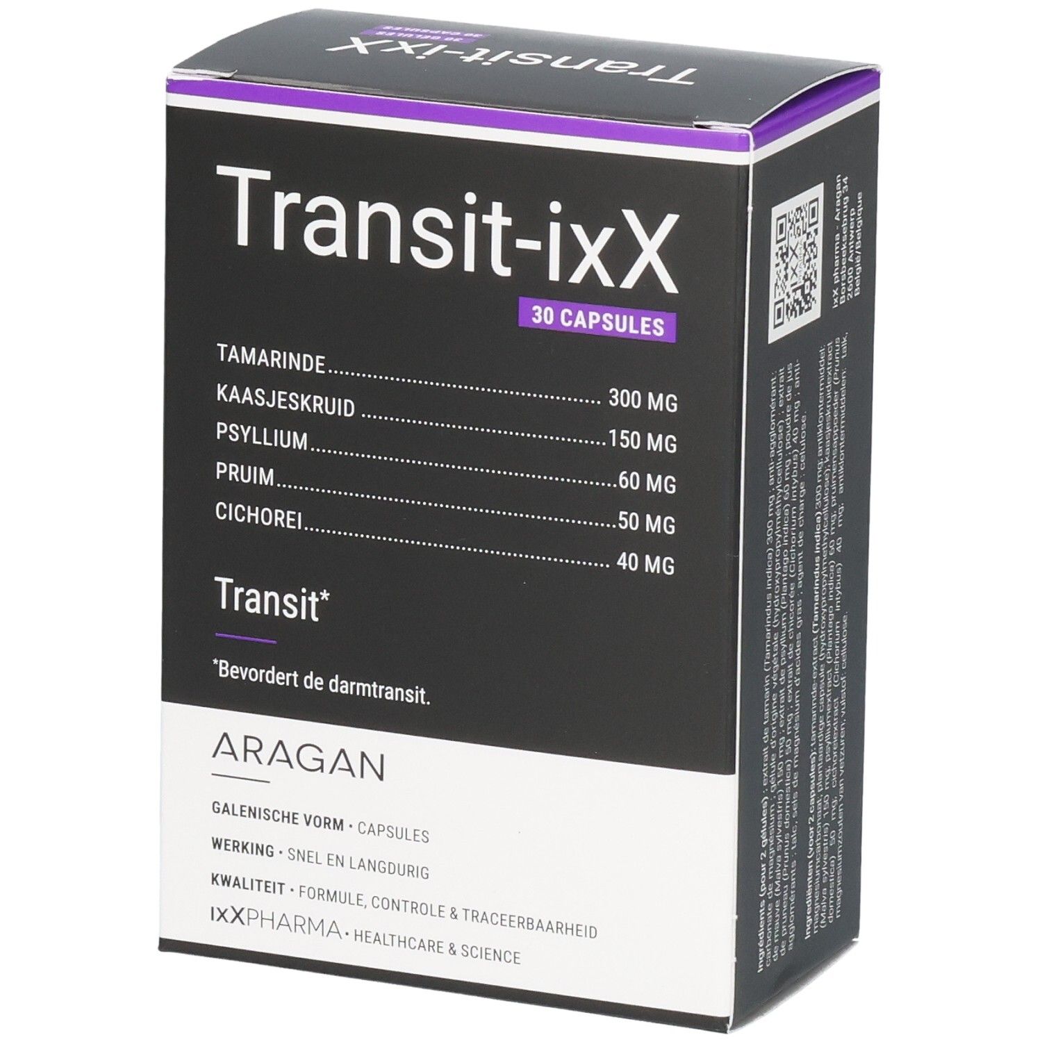 Boîte de Transit-iXX 30 gélules. Ingrédients: tamarin, mauve, psyllium, pruneau, chicorée.