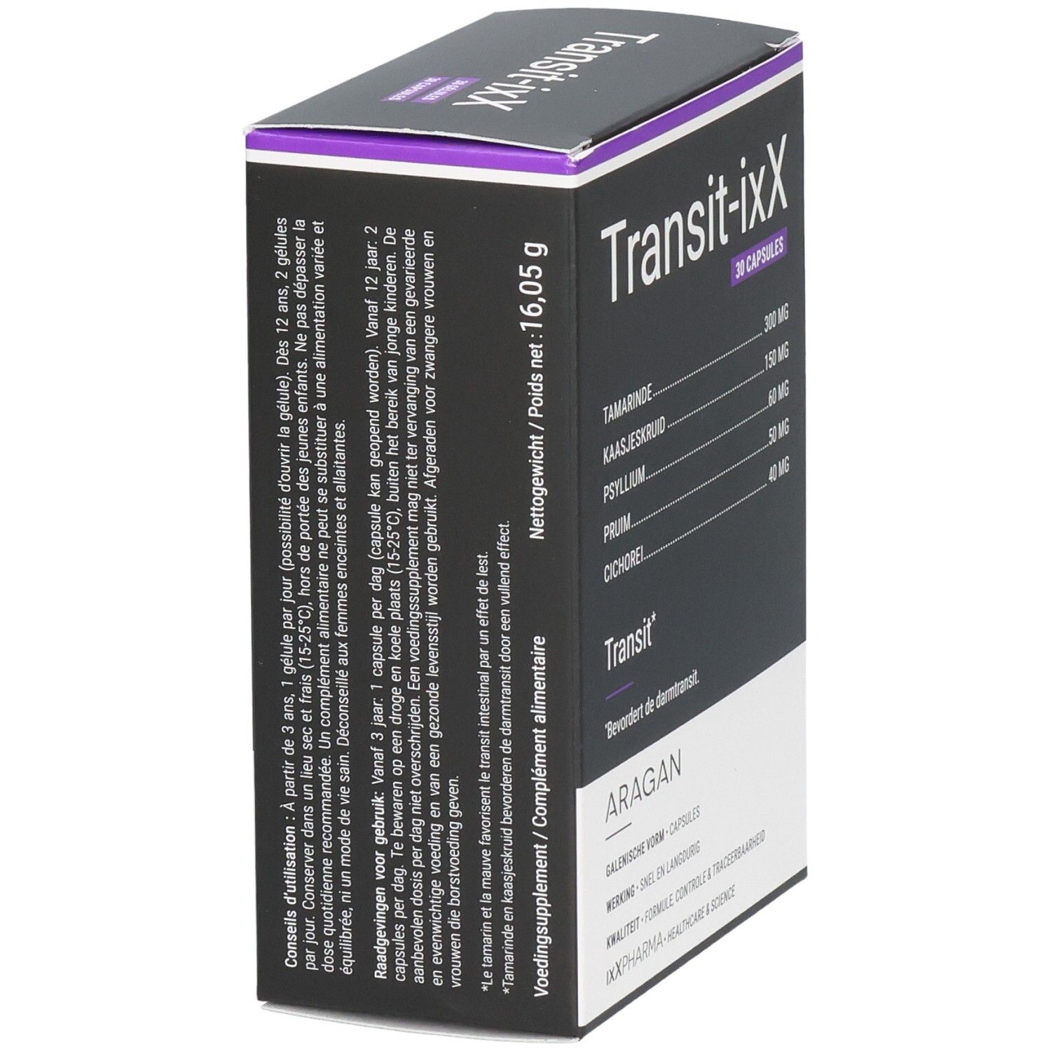 Vue latérale de la boîte Transit-iXX avec conseils d'utilisation et poids net. 30 gélules.