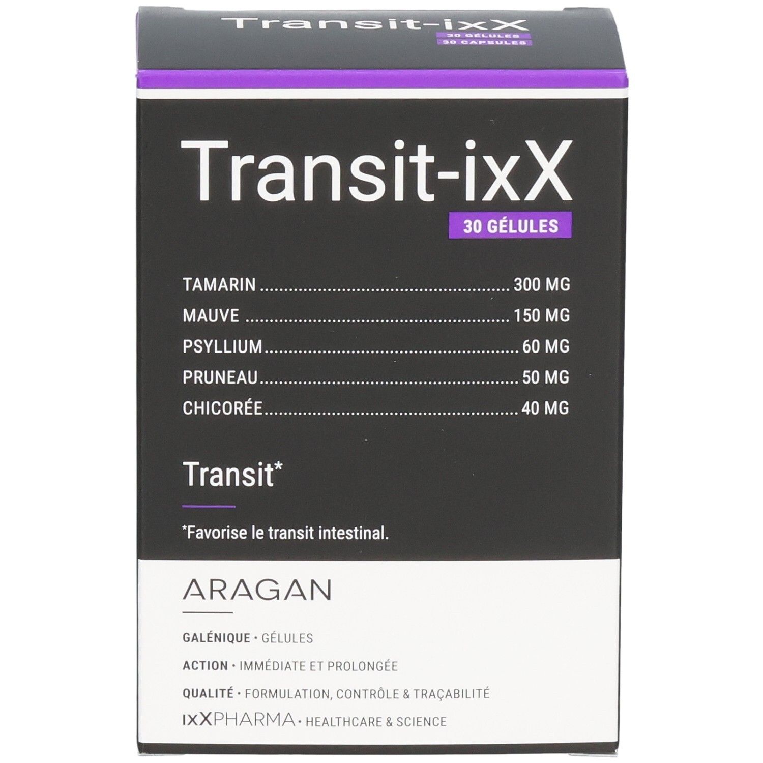 Face avant de la boîte Transit-iXX avec liste des ingrédients: tamarin 300mg, mauve 150mg, psyllium 60mg, pruneau 50mg, chicorée 40mg.