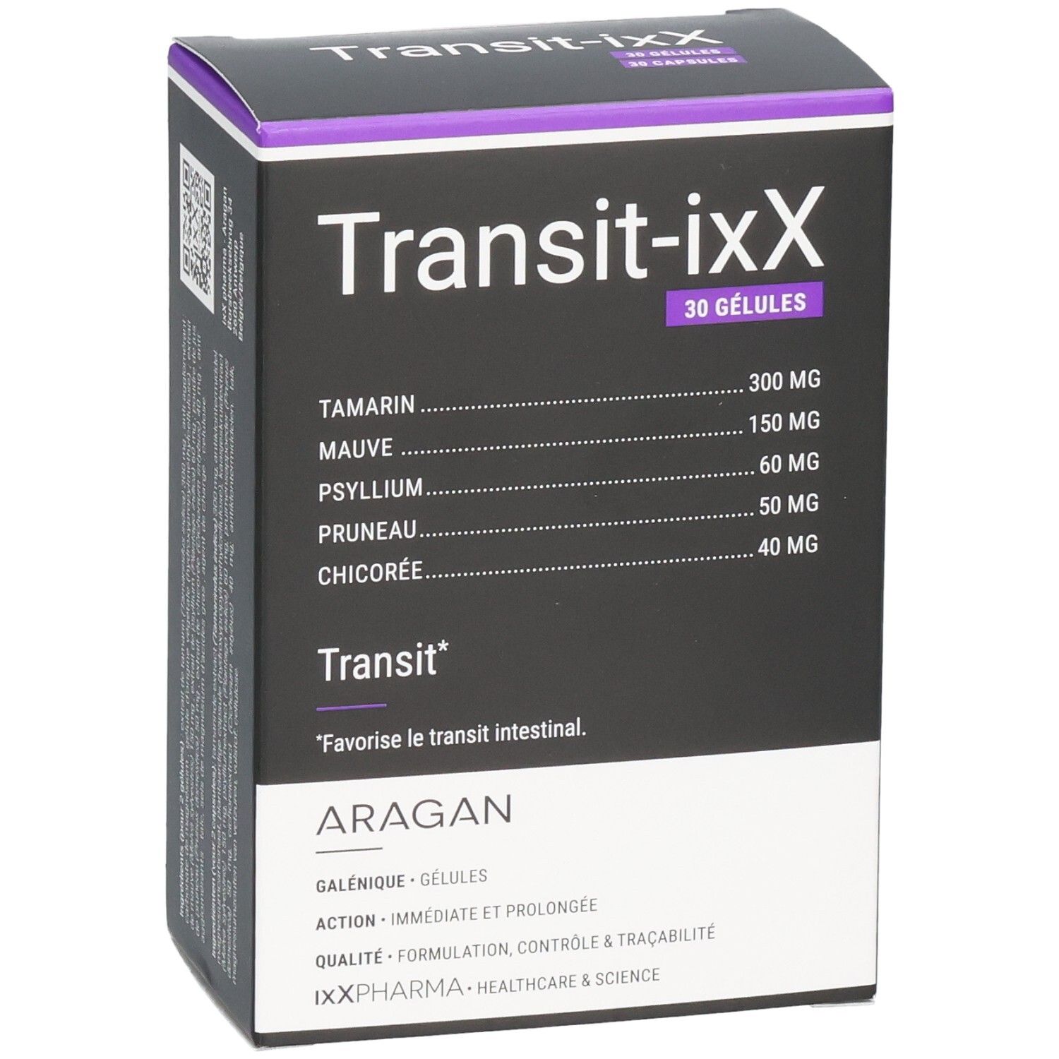 Boîte de Transit-iXX, 30 gélules. Contient tamarin, mauve, psyllium, pruneau, chicorée. Marque: IXXPHARMA.