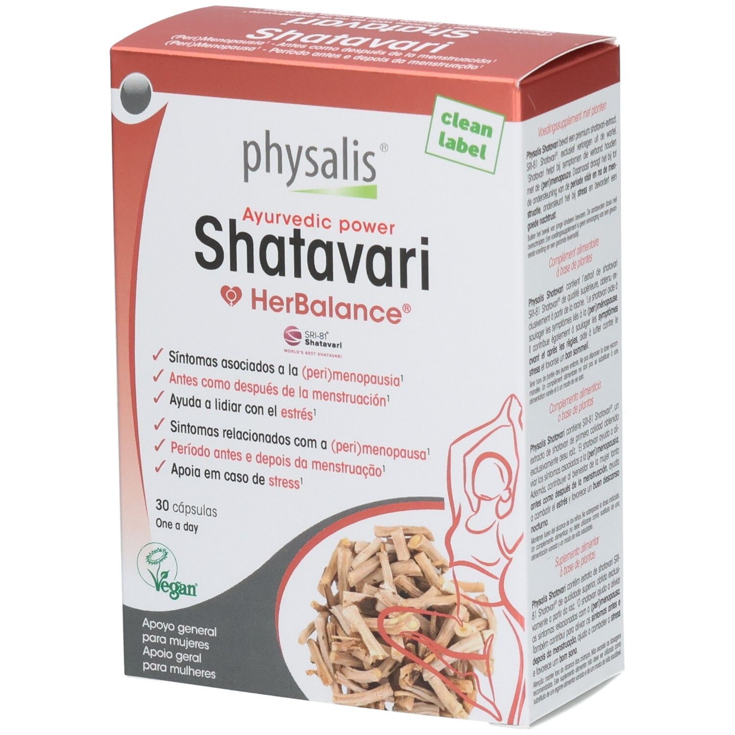 Boîte Physalis Shatavari HerBalance. Contient 30 gélules. Inscription: Ayurvedic power. Label végan.