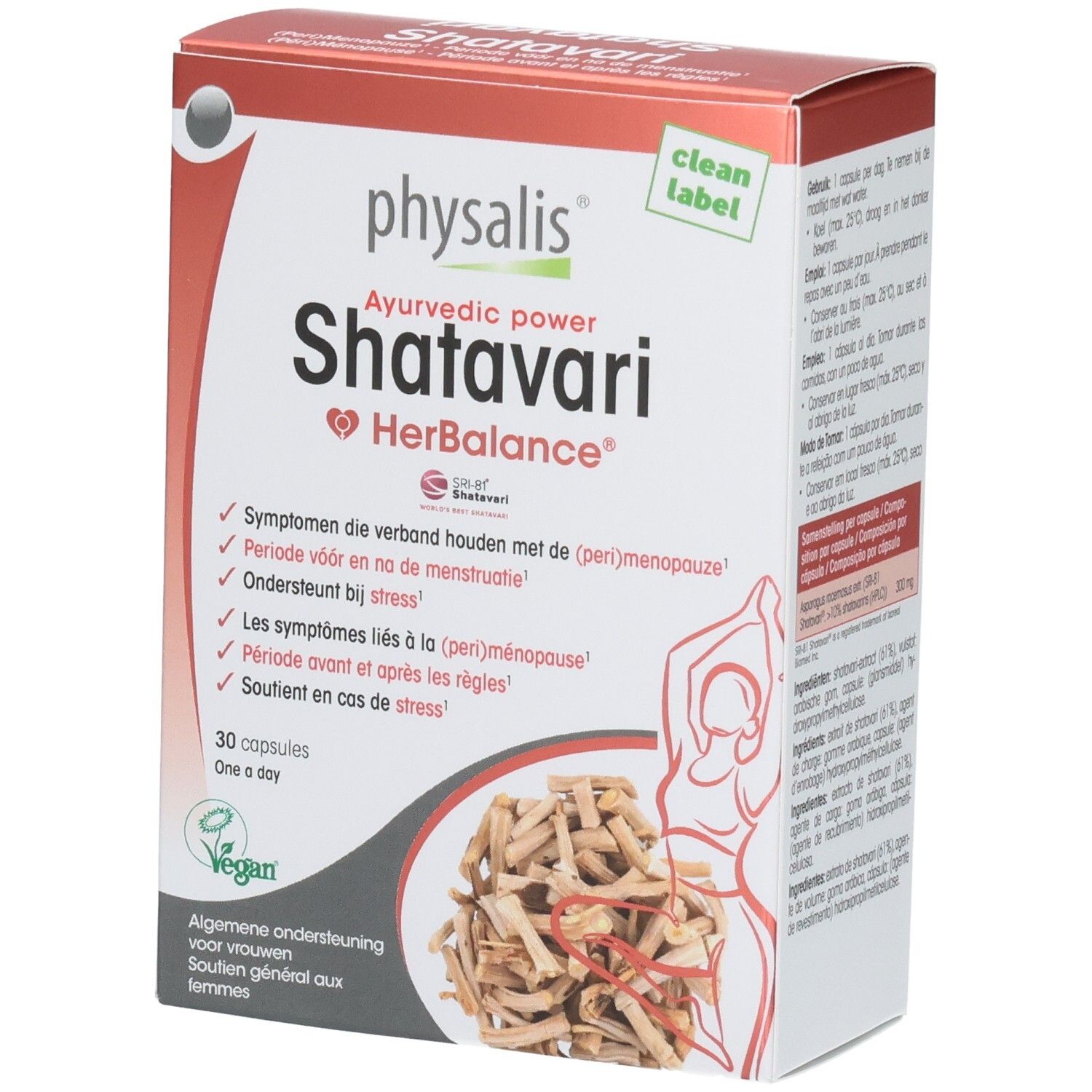 Boîte Physalis Shatavari HerBalance. Contient 30 gélules. Inscription: Ayurvedic power. Label végan.