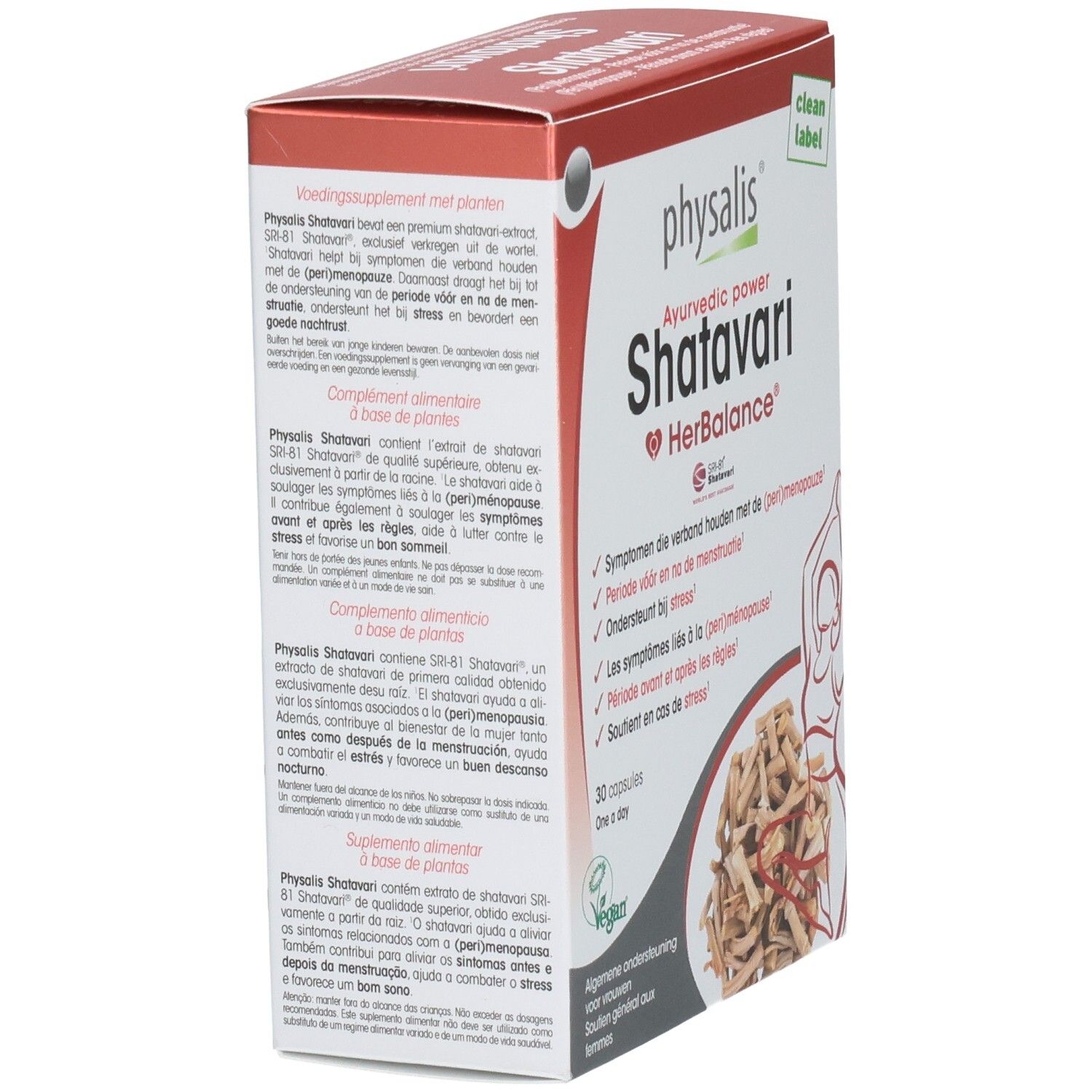 Boîte Physalis Shatavari HerBalance, vue latérale. Contient 30 gélules. Label végan.