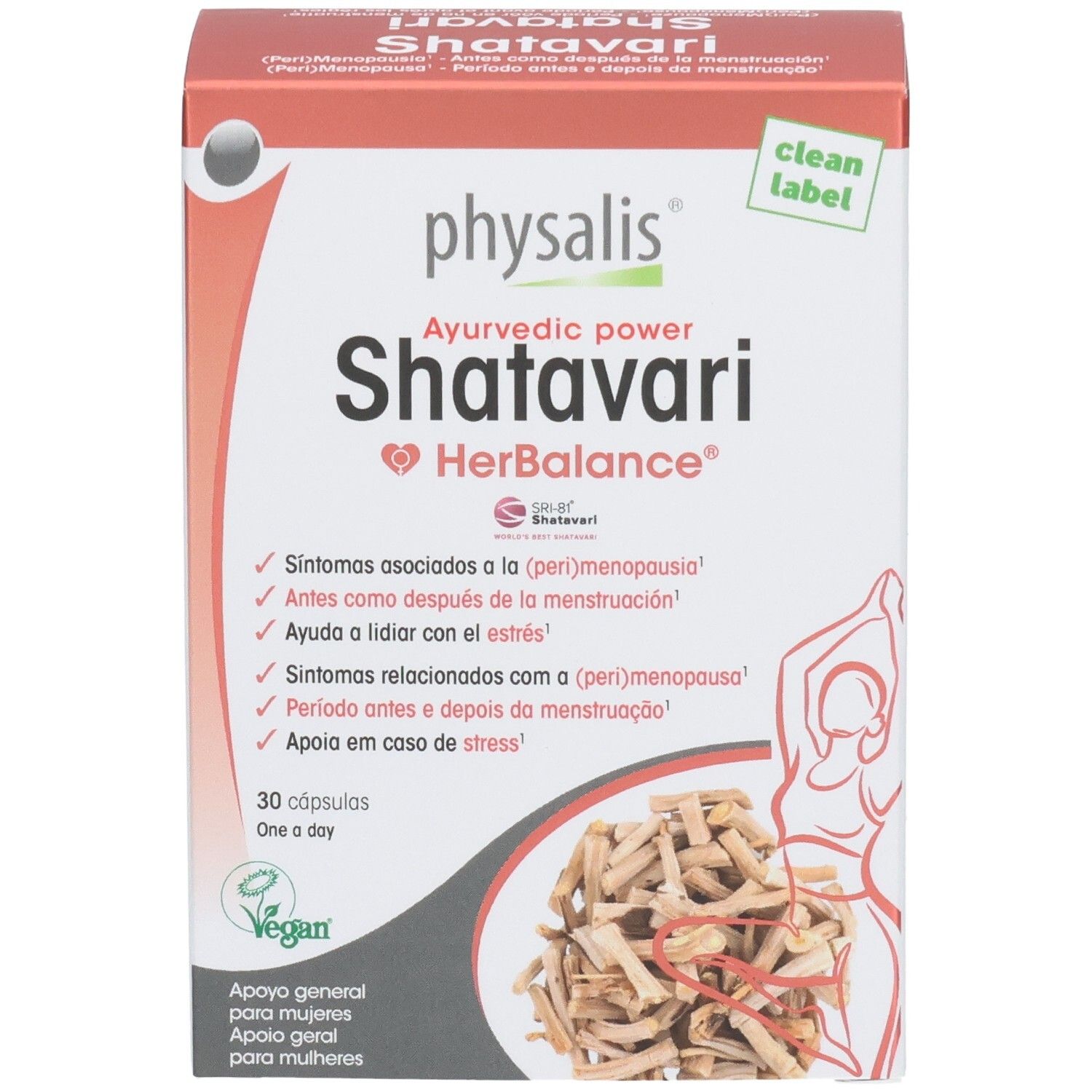 Boîte Physalis Shatavari HerBalance. Contient 30 gélules. Inscription: Ayurvedic power. Label végan.