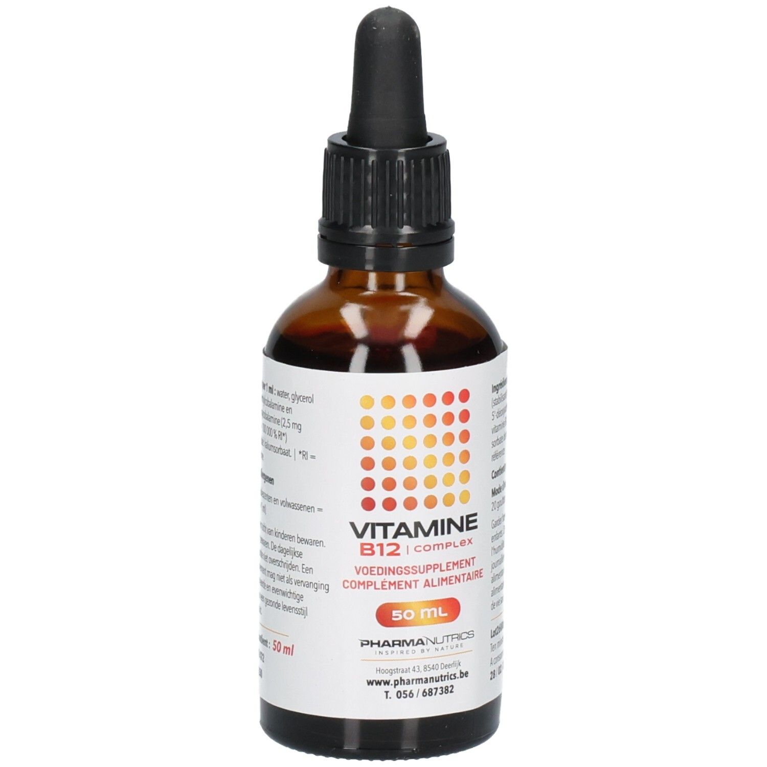 Flacon en verre brun avec bouchon noir et pipette. Étiquette avec informations produit et texte VITAMINE B12 COMPLEX.