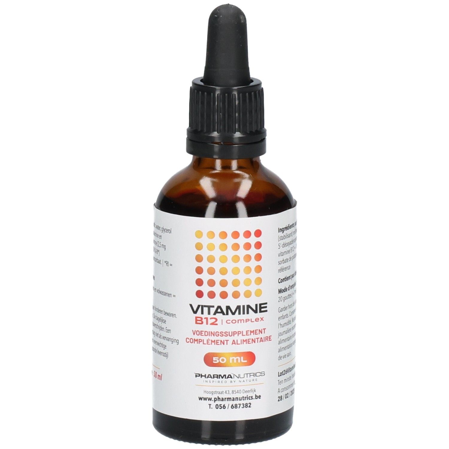 Flacon en verre brun avec bouchon noir et pipette. Étiquette avec informations produit et texte VITAMINE B12 COMPLEX.