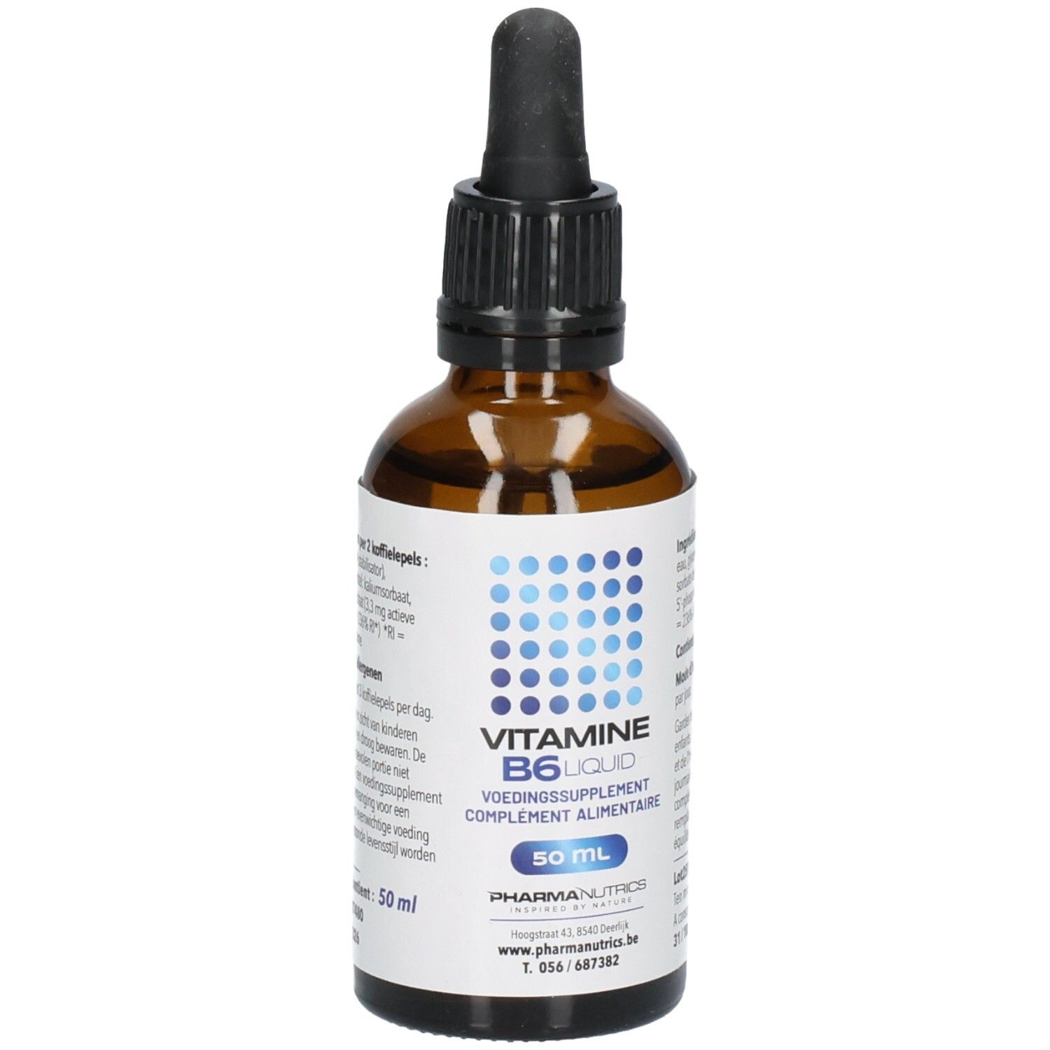 Flacon en verre brun avec compte-gouttes noir. Étiquette avec points bleus et texte: VITAMINE B6 liquid, 50 ml.