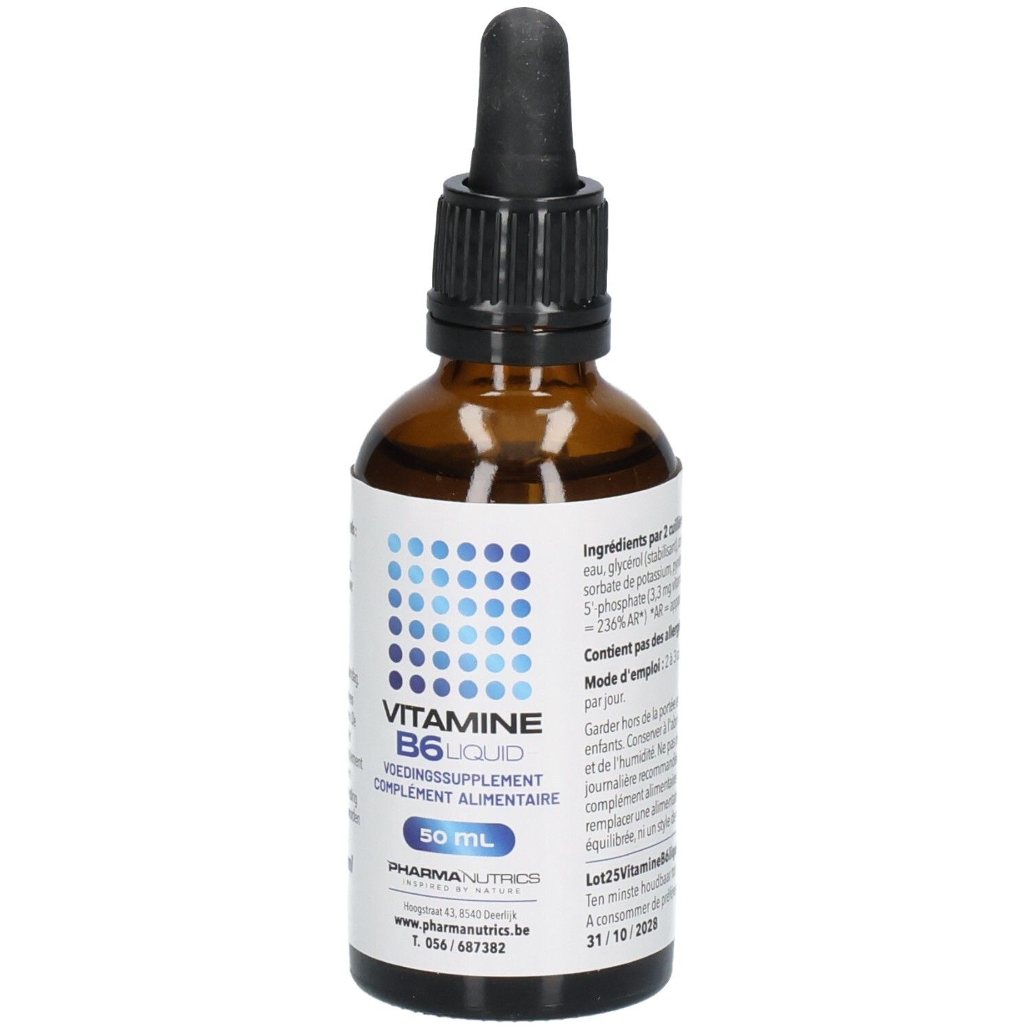 Flacon en verre brun avec compte-gouttes noir. Étiquette avec points bleus et texte: VITAMINE B6 liquid, 50 ml.