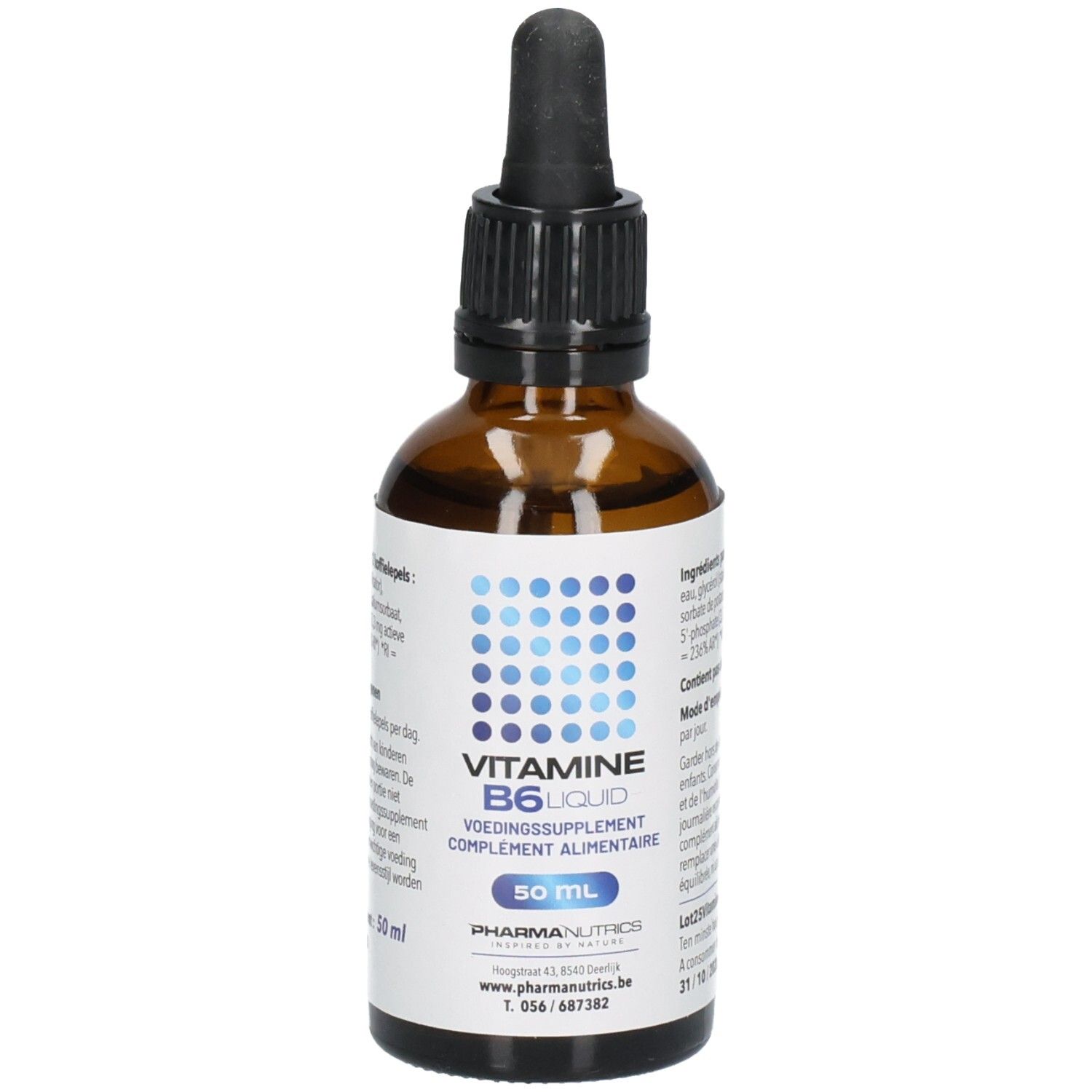 Flacon en verre brun avec compte-gouttes noir. Étiquette avec points bleus et texte: VITAMINE B6 liquid, 50 ml.
