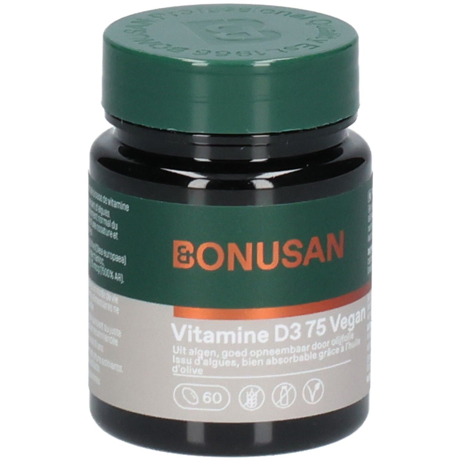 Bonusan Vitamine D3 75 Vegan gélules dans un flacon sombre avec bouchon vert. 60 gélules.
