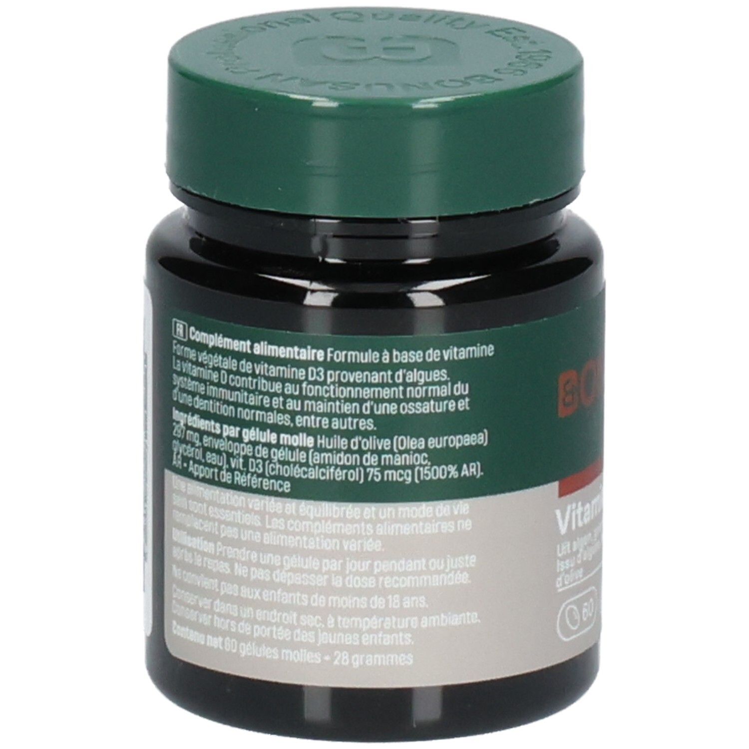 Arrière de la bouteille Bonusan Vitamine D3 75 Vegan avec informations détaillées sur le produit et les ingrédients.