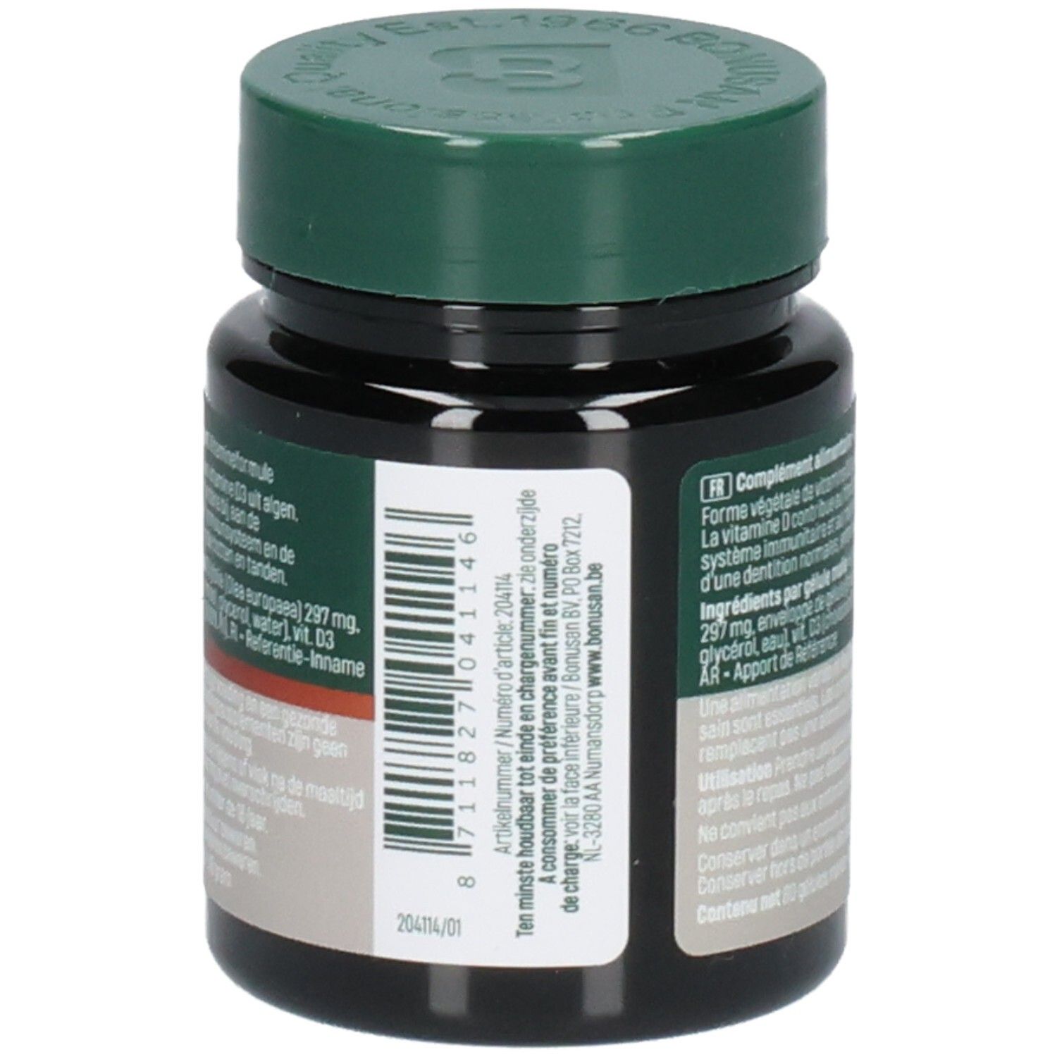 Vue latérale de la bouteille Bonusan Vitamine D3 75 Vegan avec étiquette et code-barres.