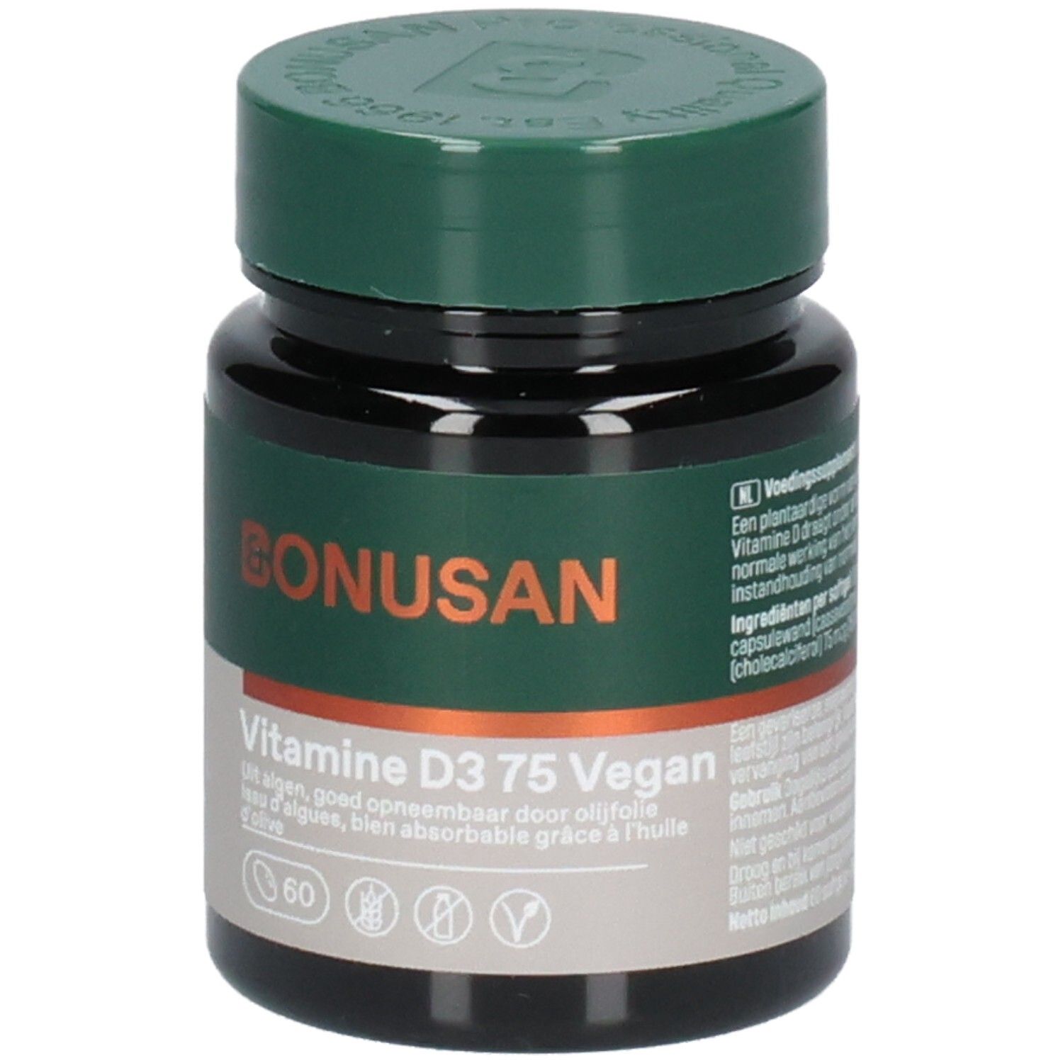 Bonusan Vitamine D3 75 Vegan gélules dans un flacon sombre avec bouchon vert. Façade avec nom du produit.