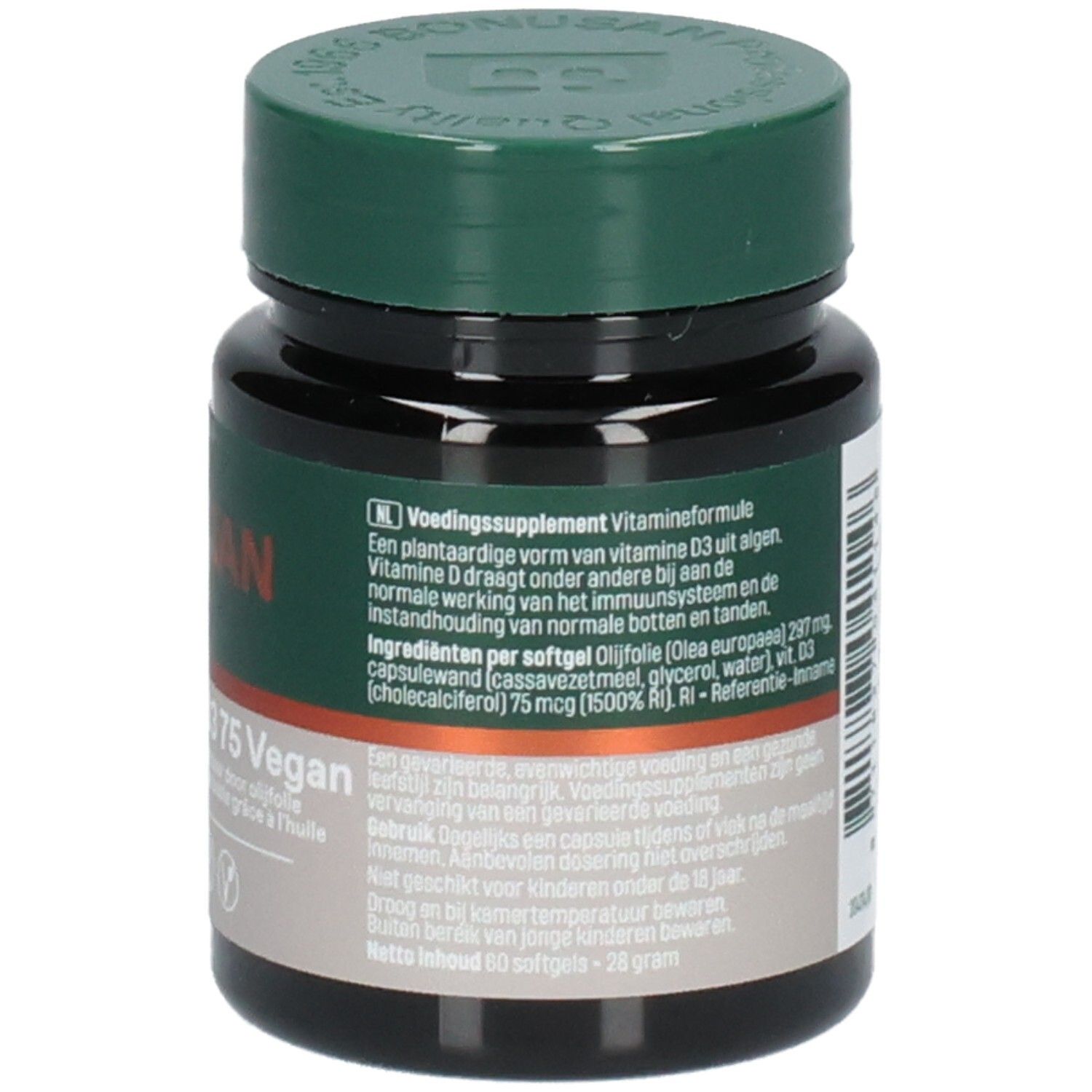 Arrière de la bouteille Bonusan Vitamine D3 75 Vegan avec informations nutritionnelles et sceaux.