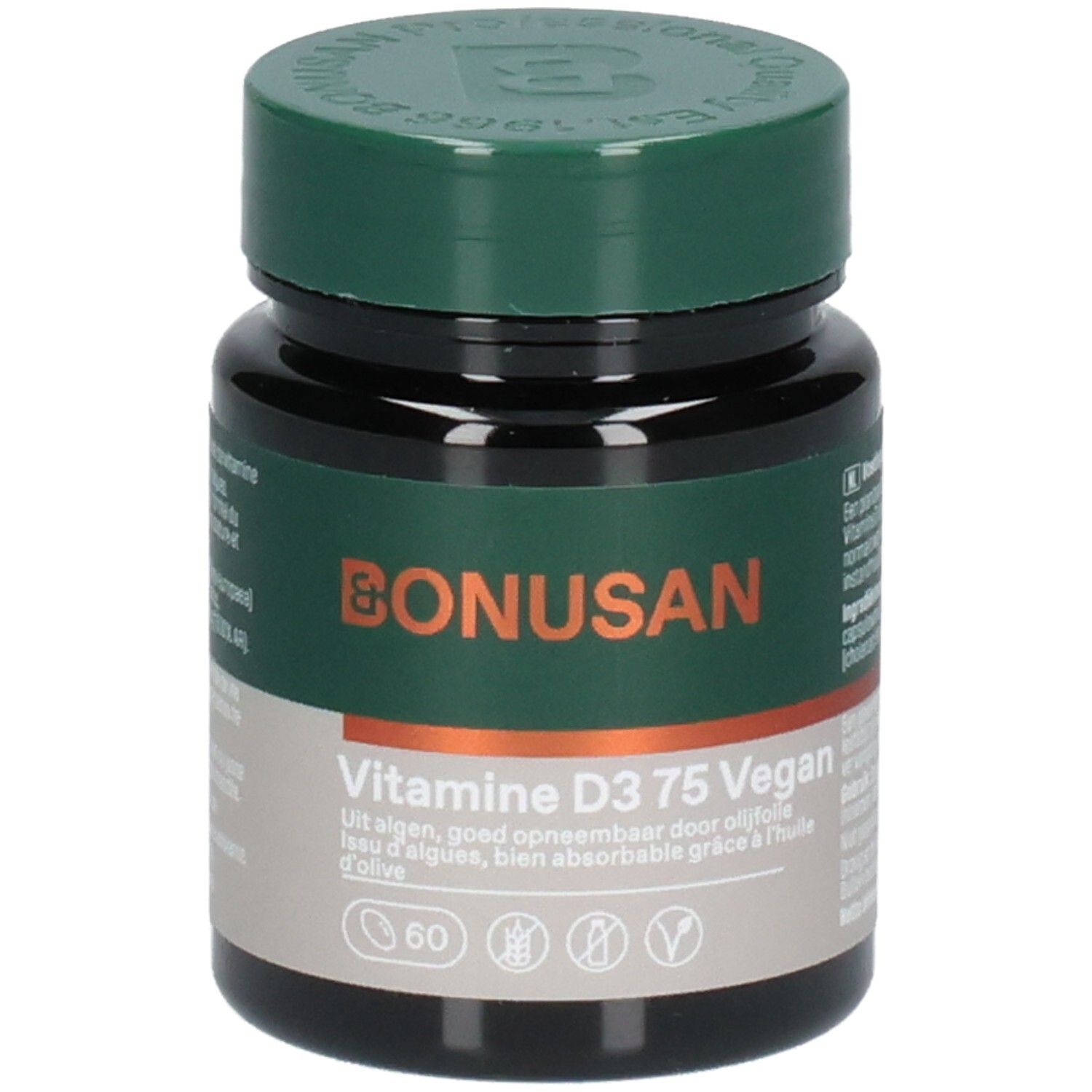 Bonusan Vitamine D3 75 Vegan gélules dans un flacon sombre avec bouchon vert. Étiquette avec détails.
