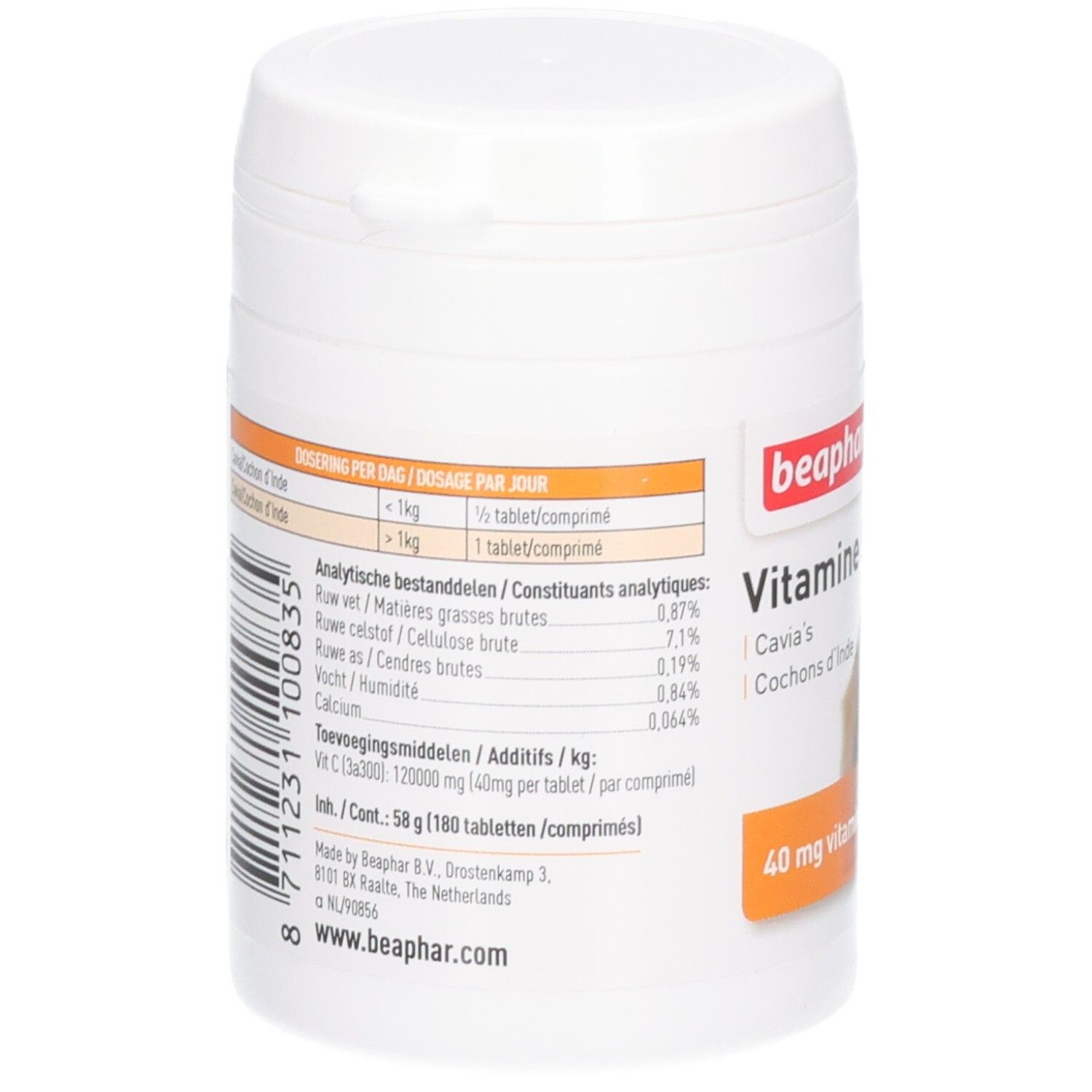 Dos arrière de la boîte blanche. Inscription : beaphar, Vitamine C, ingrédients, dosage. Code-barres et coordonnées.