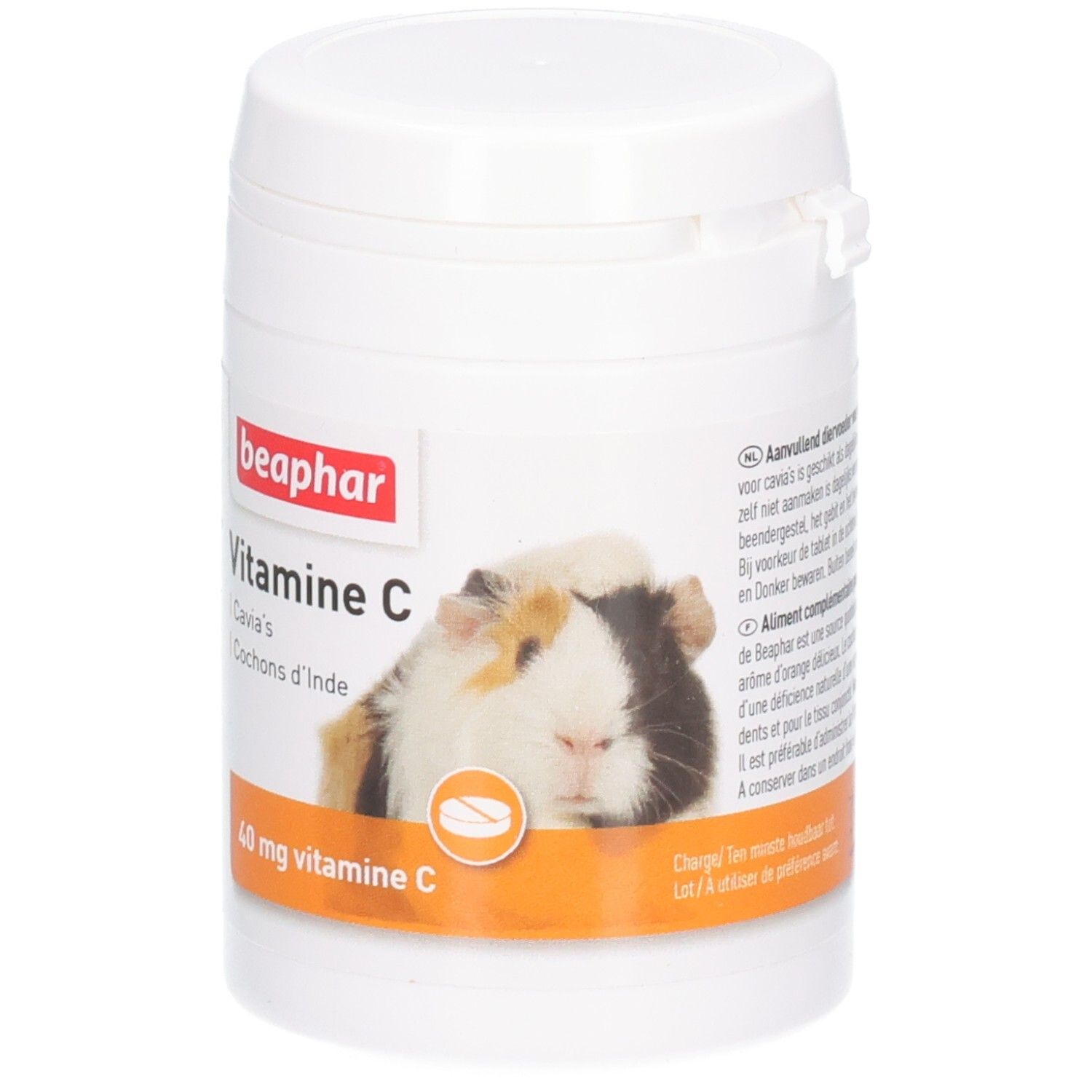 Boîte blanche avec couvercle. Inscription : beaphar, Vitamine C, 40 mg. Image d'un cochon d'Inde.