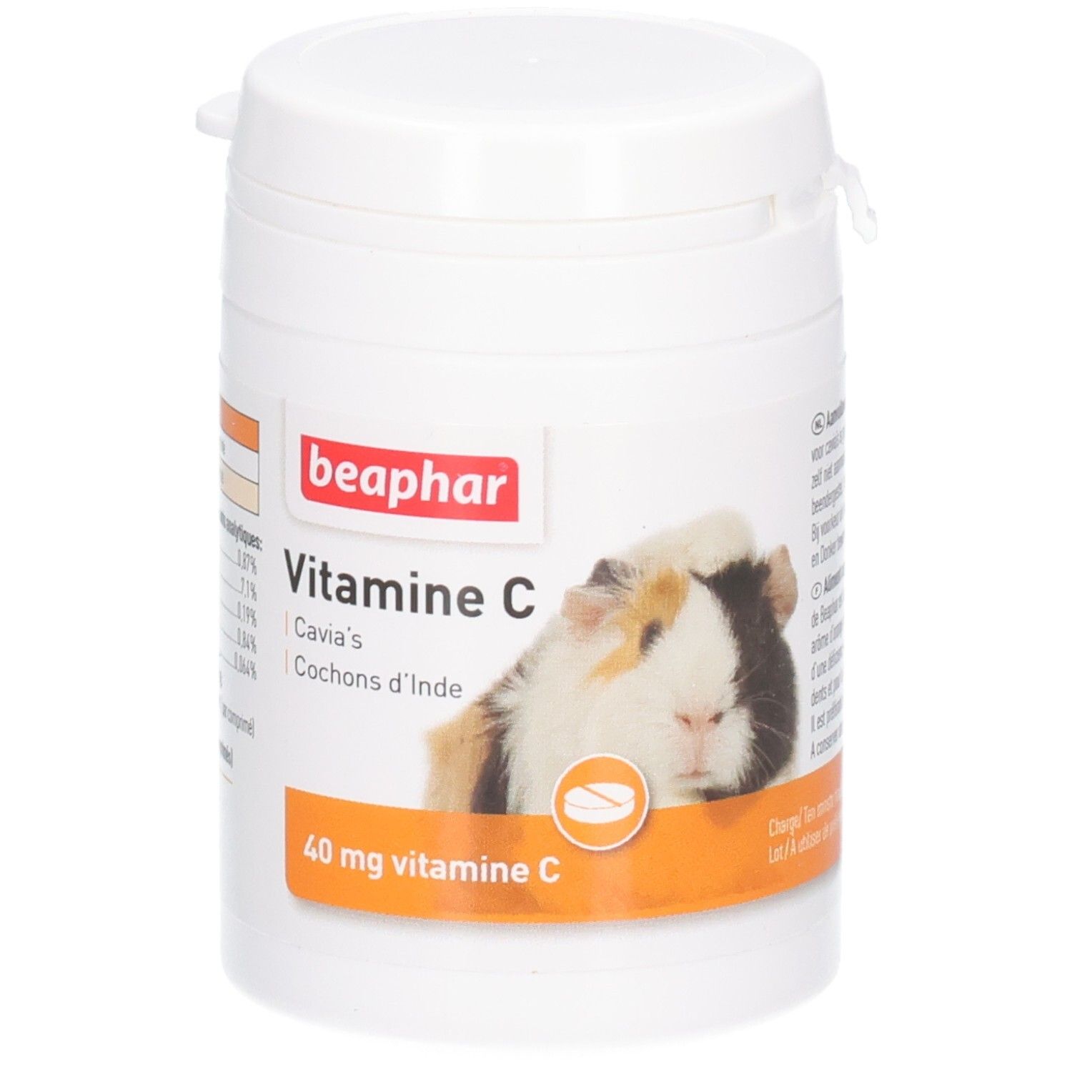 Boîte blanche avec couvercle. Inscription : beaphar, Vitamine C, 40 mg. Image d'un cochon d'Inde.