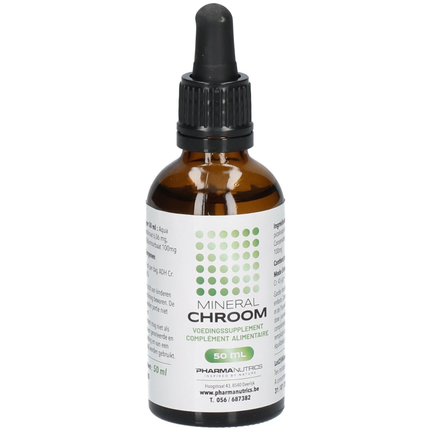 Flacon en verre brun avec bouchon noir et pipette. Étiquette avec nom du produit MINERAL CHROOM et marque PharmaNutrics. 50 ml.