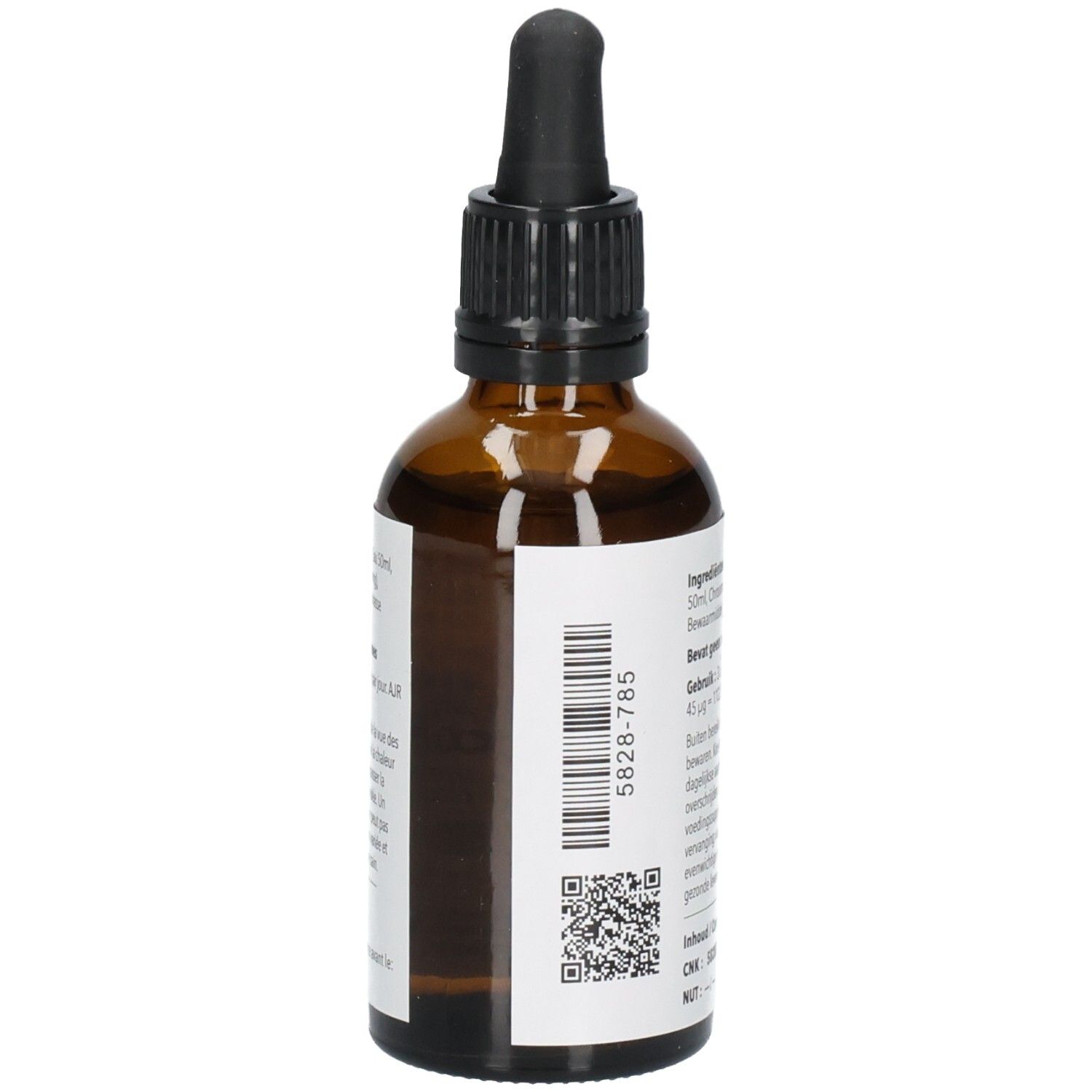 Flacon en verre brun avec bouchon noir et pipette. Étiquette avec code-barres et informations sur le produit. Vue arrière.