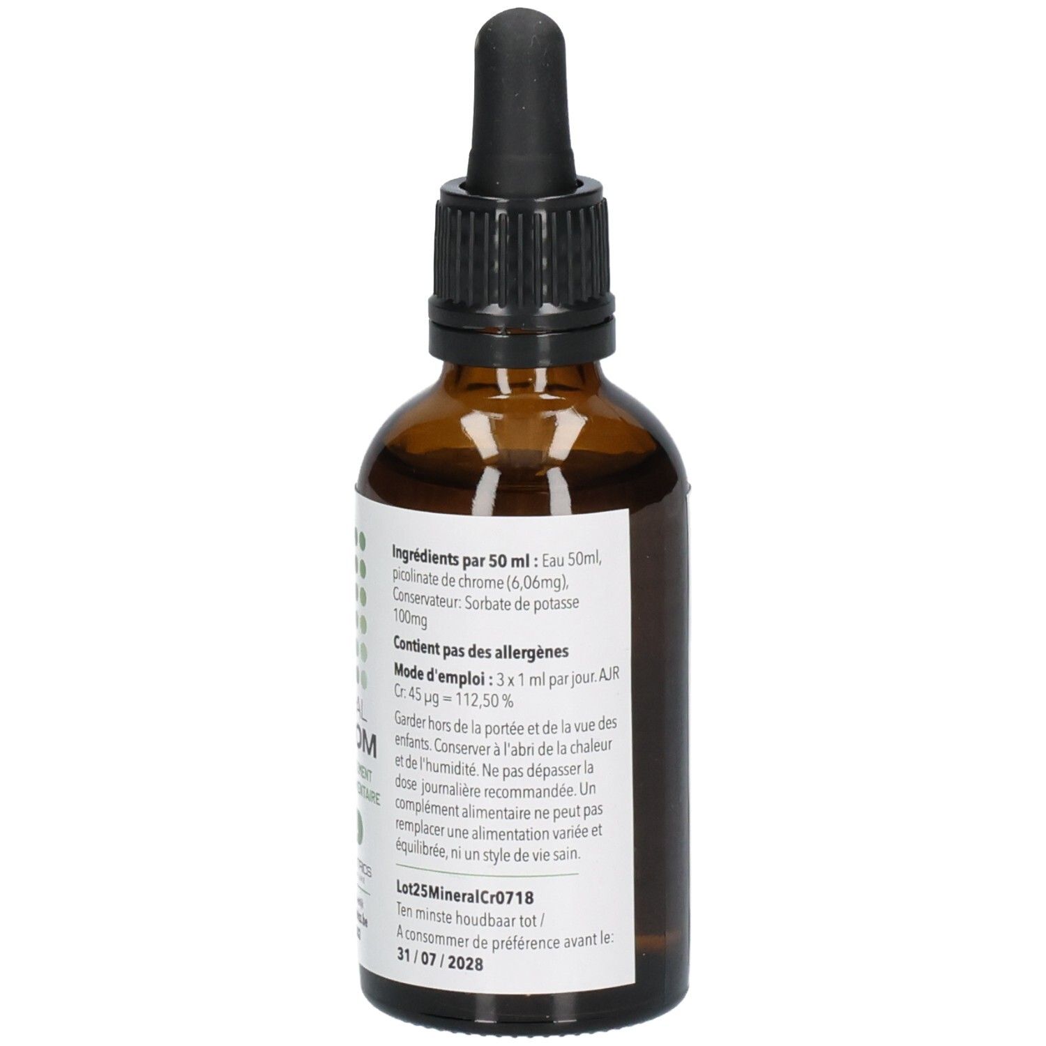 Flacon en verre brun avec bouchon noir et pipette. Étiquette avec informations sur le produit, ingrédients et date de péremption. Marque PharmaNutrics.