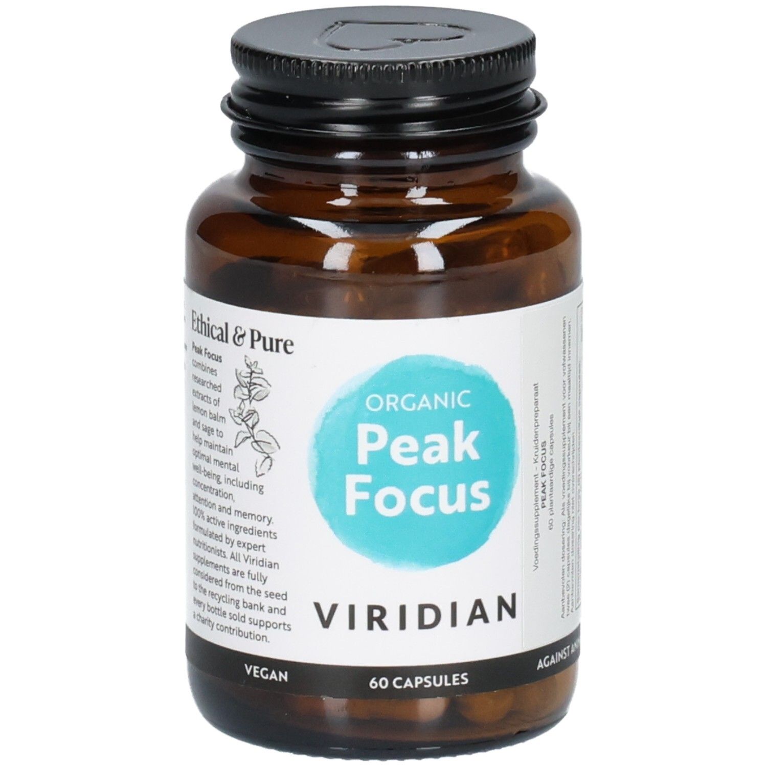 Flacon en verre brun de 60 gélules Viridian Peak Focus, végan.