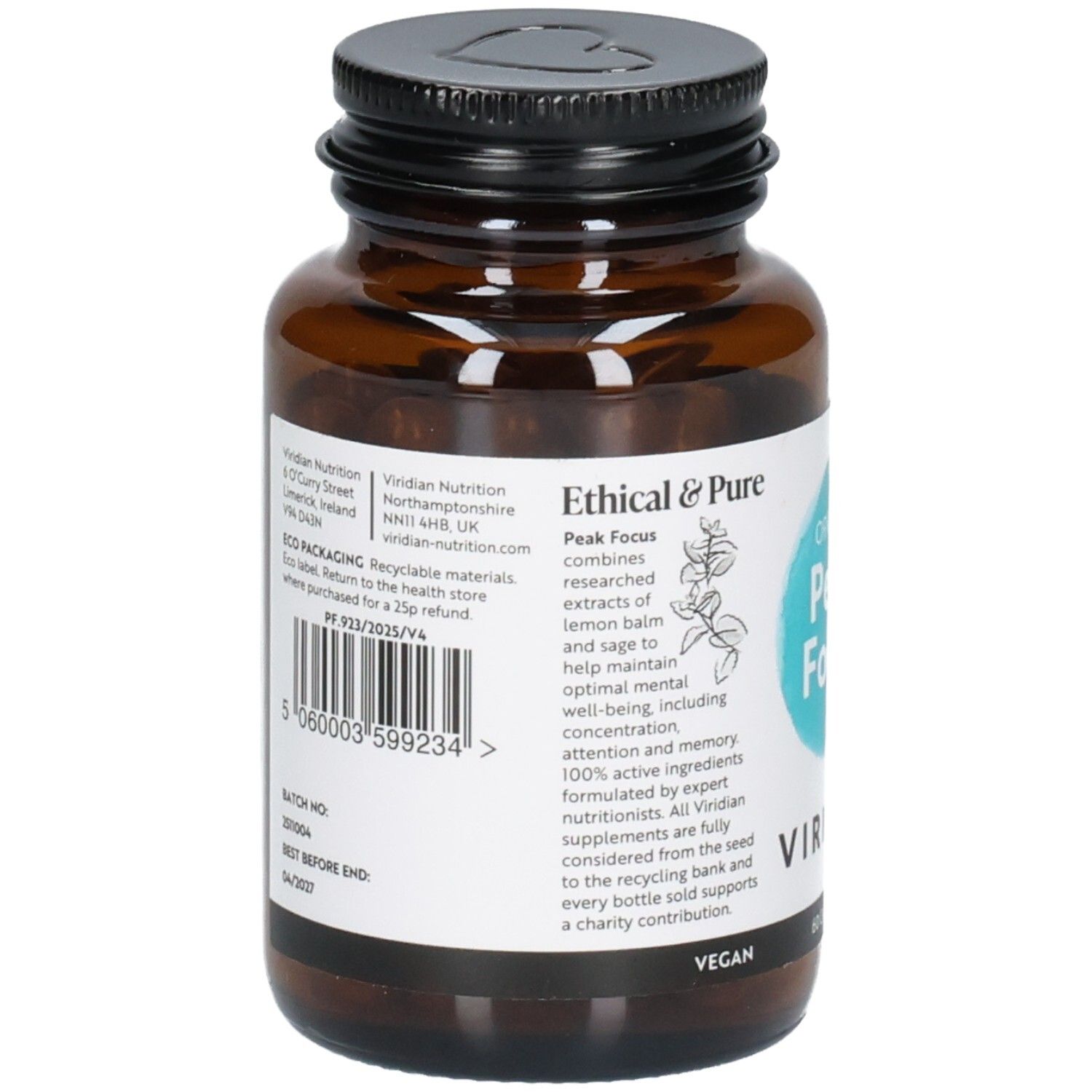 Arrière d'une bouteille Viridian Peak Focus avec ingrédients et numéro de lot.