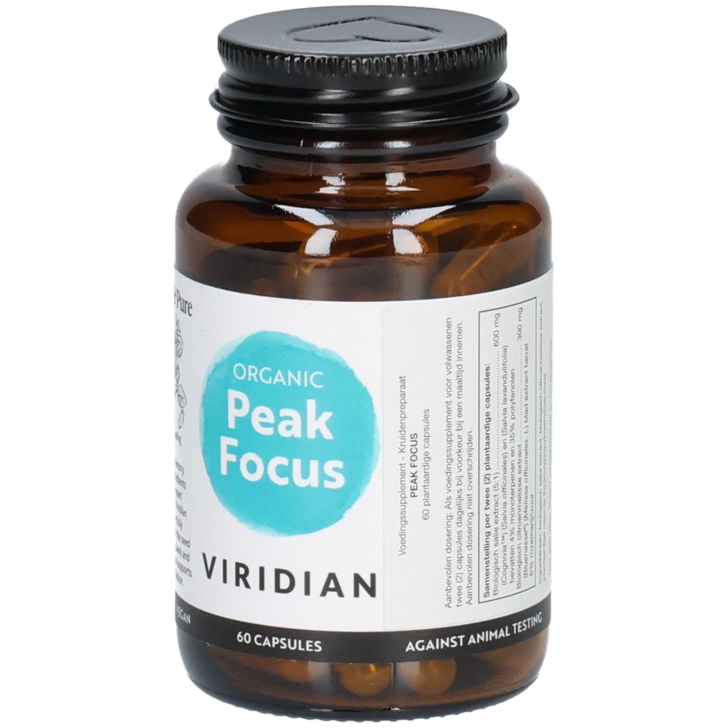Bouteille Viridian Peak Focus avec instructions de dosage en néerlandais et anglais.